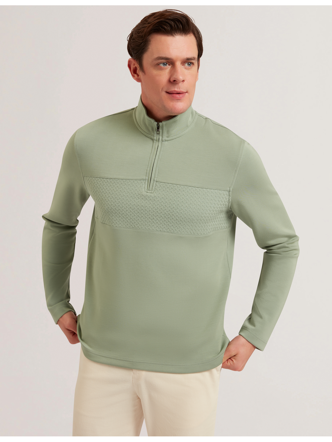 Ted Baker SIMONEA - Textured Panel Half-Zip Modal Sweatshirt GREEN