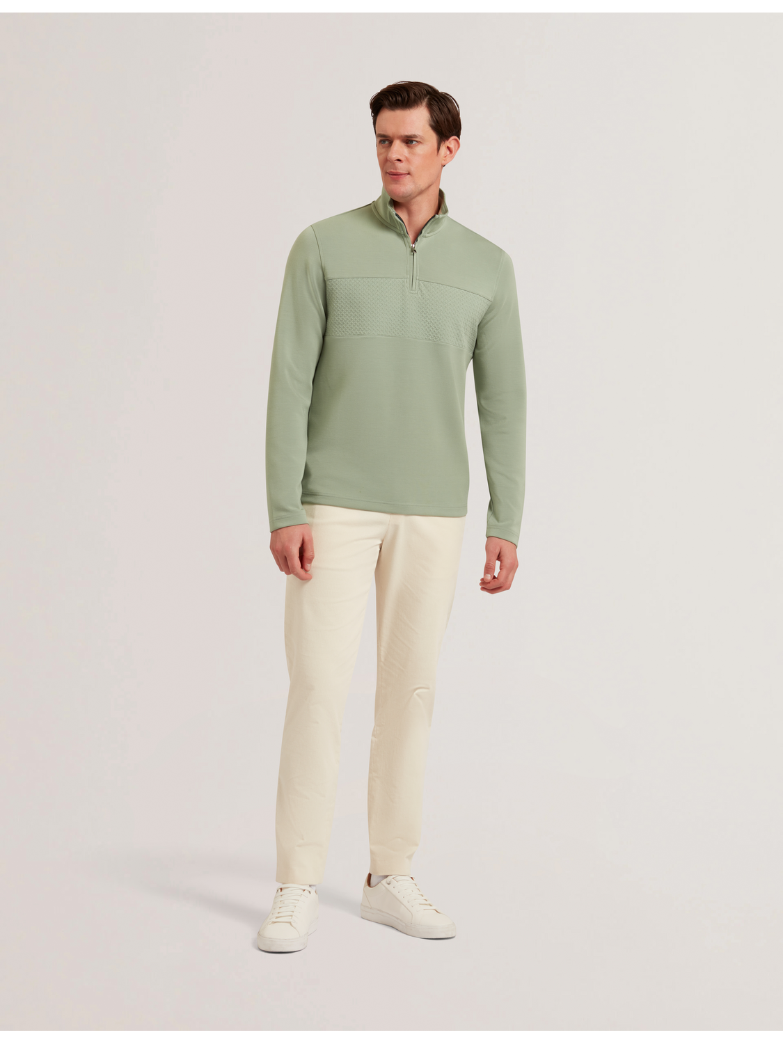 Ted Baker SIMONEA - Textured Panel Half-Zip Modal Sweatshirt GREEN
