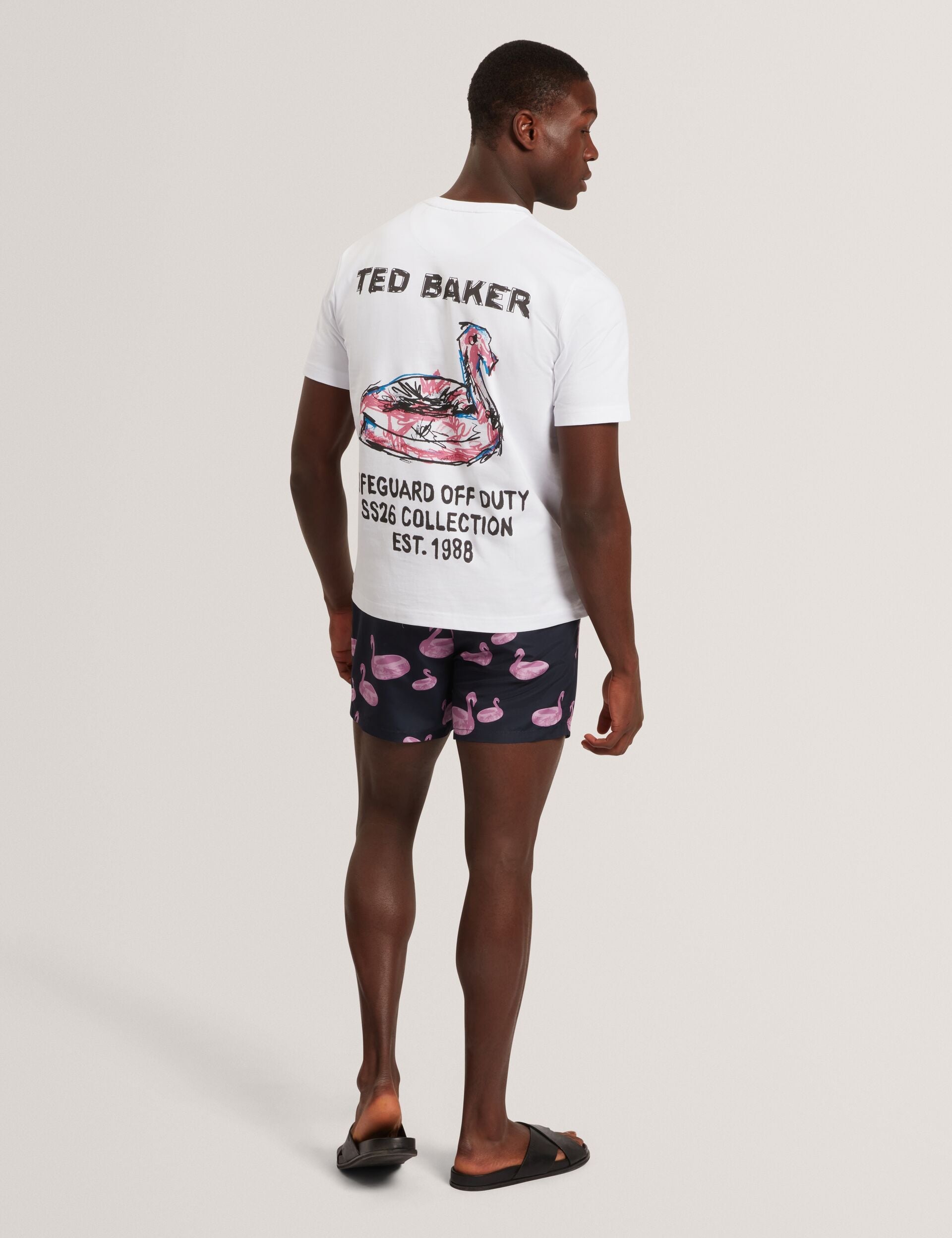 Ted Baker POMONNA Flamingo Print Drawstring Swim Shorts NAVY