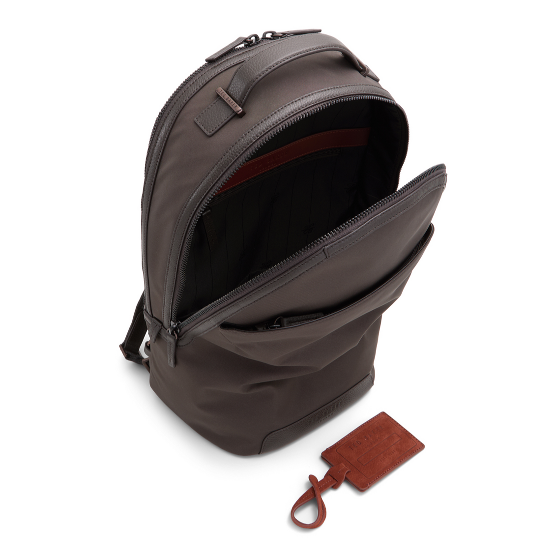 Ted Baker XADEN - Nylon Leather Trim Double Zip Backpack DARK BROWN