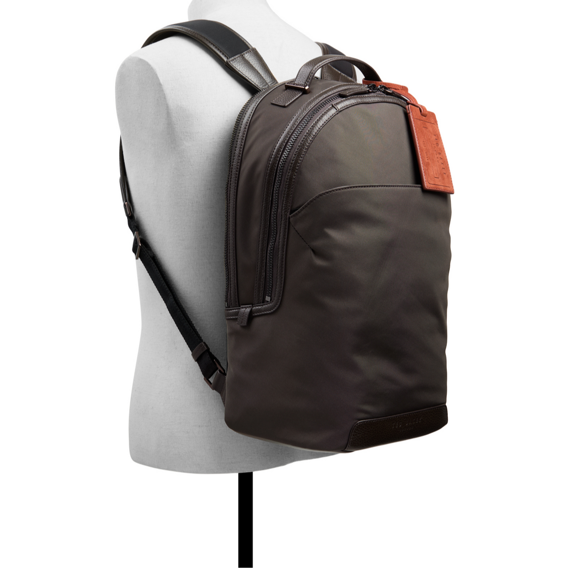 Ted Baker XADEN - Nylon Leather Trim Double Zip Backpack DARK BROWN