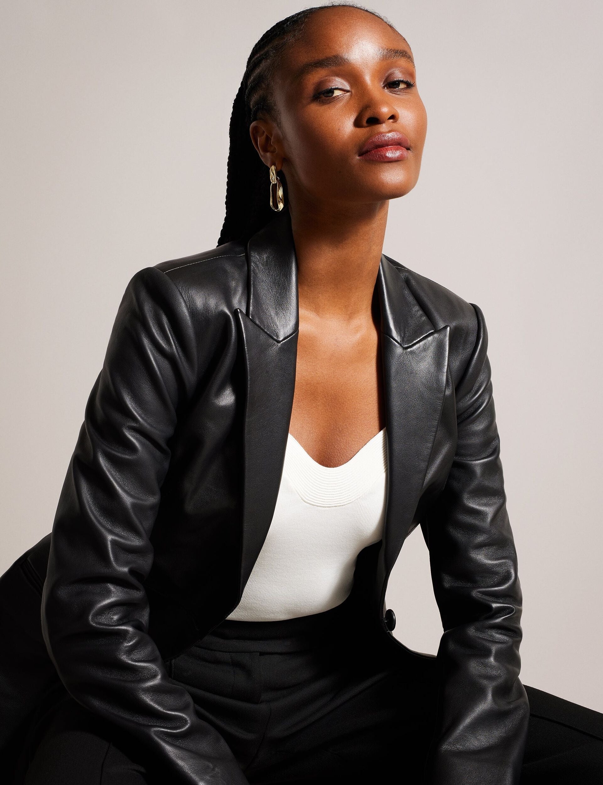 Ted Baker MELLIIE - Longline Single Breasted Leather Blazer BLACK