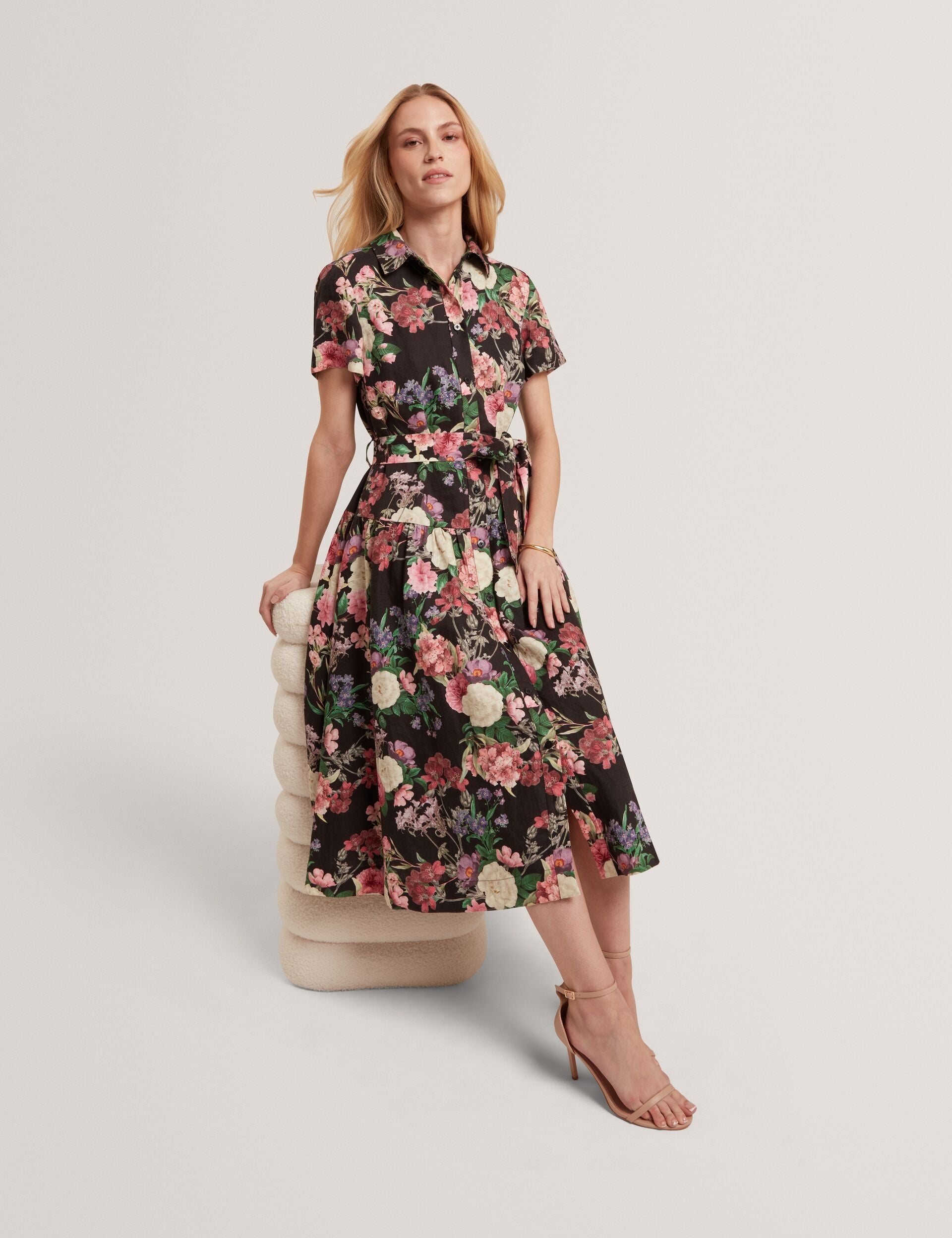 Ted Baker CHARLIE Floral Tie Waist Midi Shirt Dress BLACK