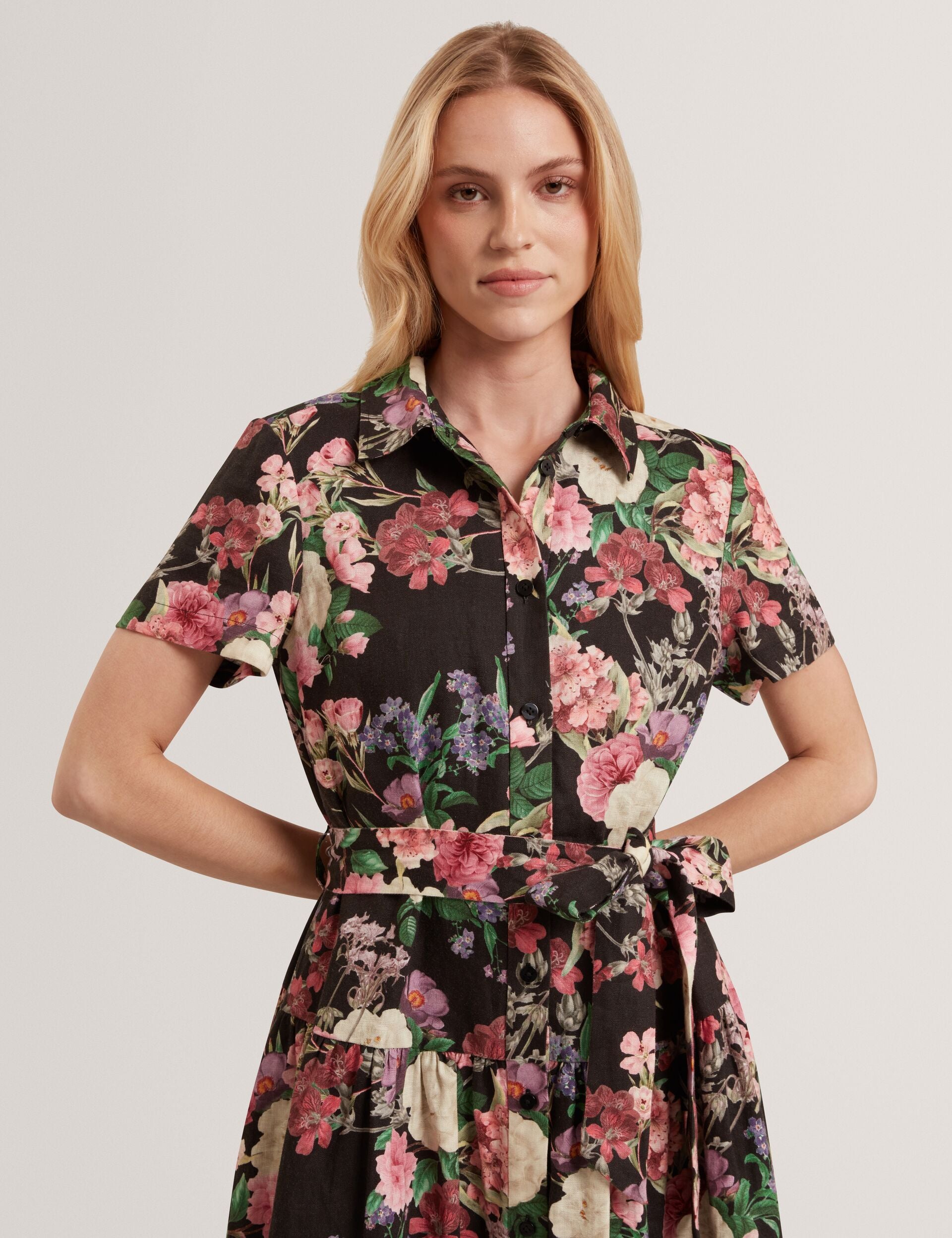 Ted Baker CHARLIE Floral Tie Waist Midi Shirt Dress BLACK