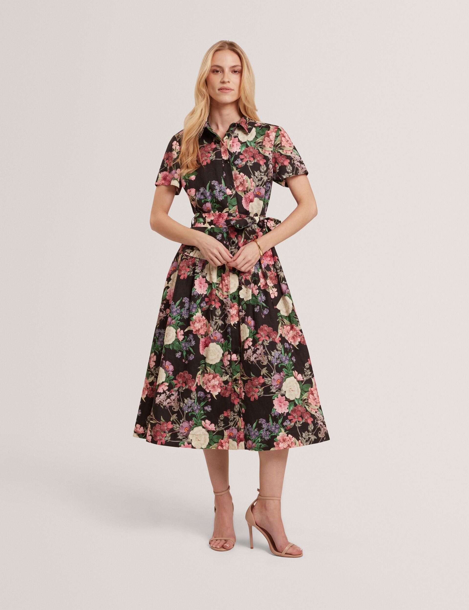 Ted Baker CHARLIE Floral Tie Waist Midi Shirt Dress BLACK