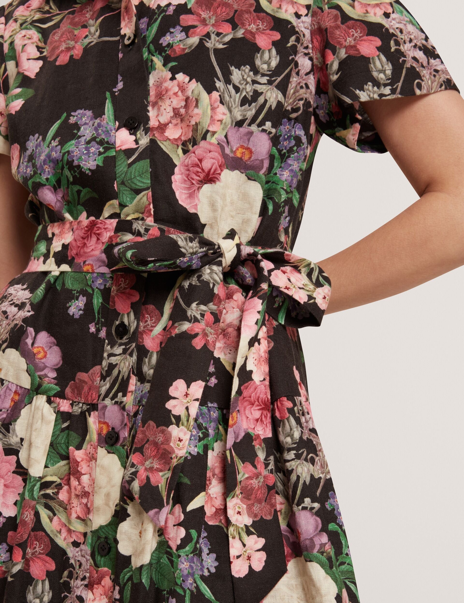 Ted Baker CHARLIE Floral Tie Waist Midi Shirt Dress BLACK