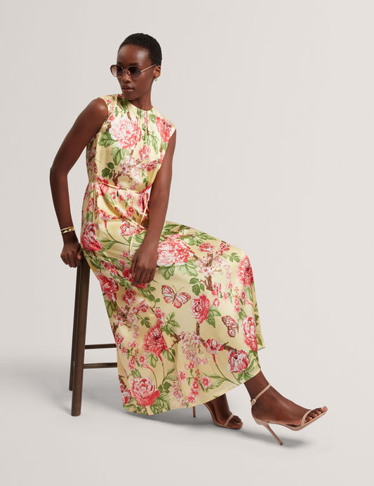 Ted Baker PARKER Satin Floral Sleeveless Maxi Dress LIGHT YELLOW