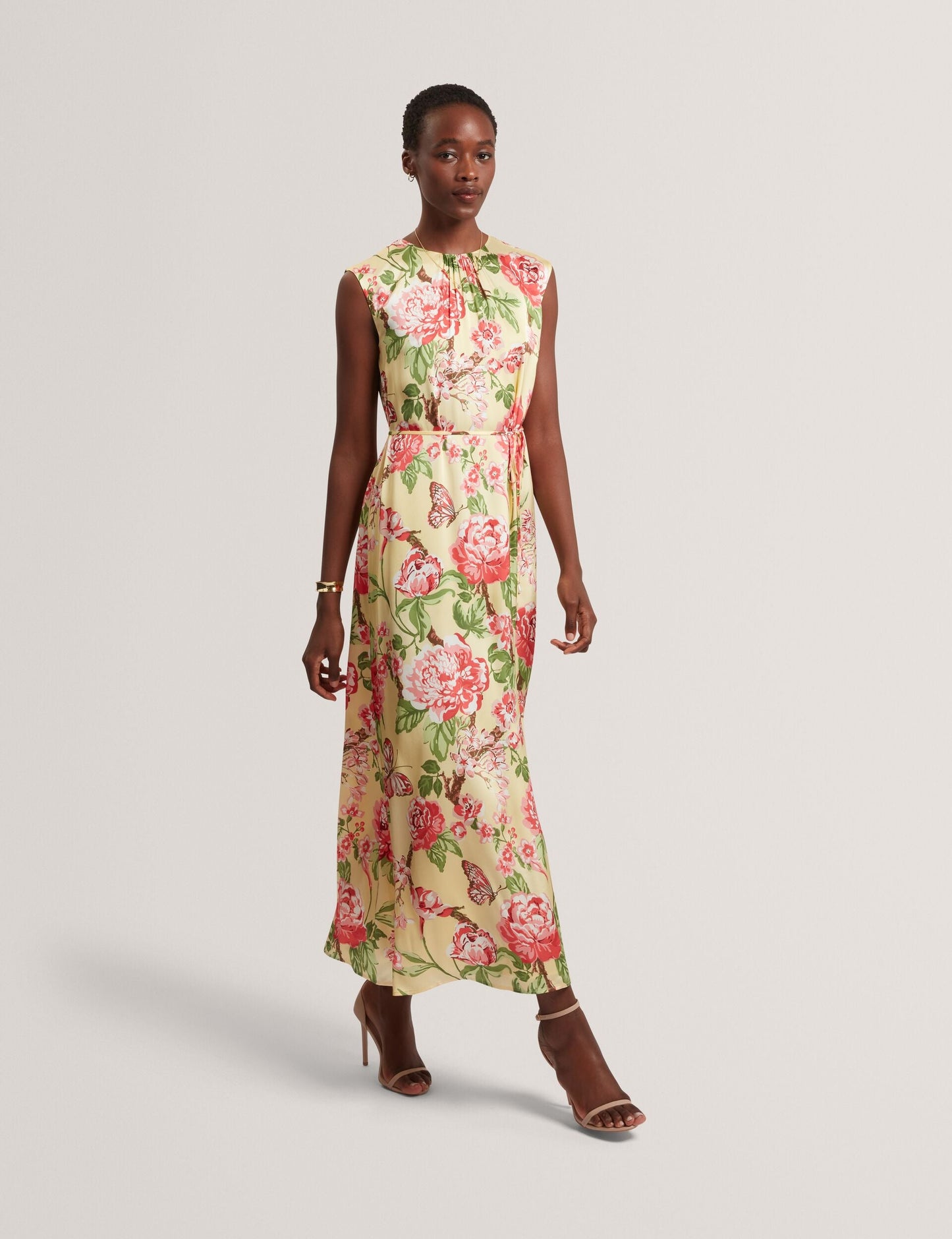 Ted Baker PARKER Satin Floral Sleeveless Maxi Dress LIGHT YELLOW