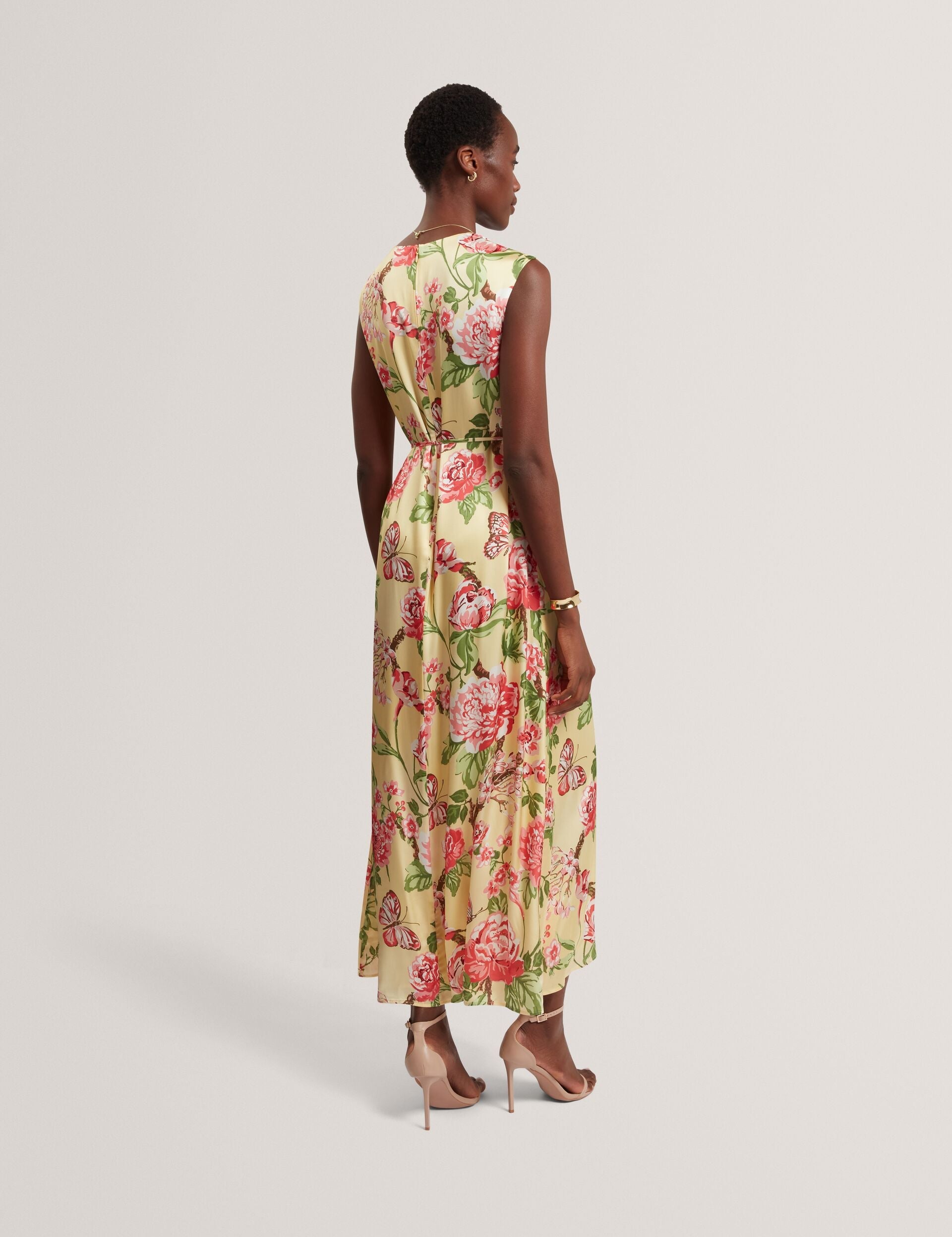 Ted Baker PARKER Satin Floral Sleeveless Maxi Dress LIGHT YELLOW