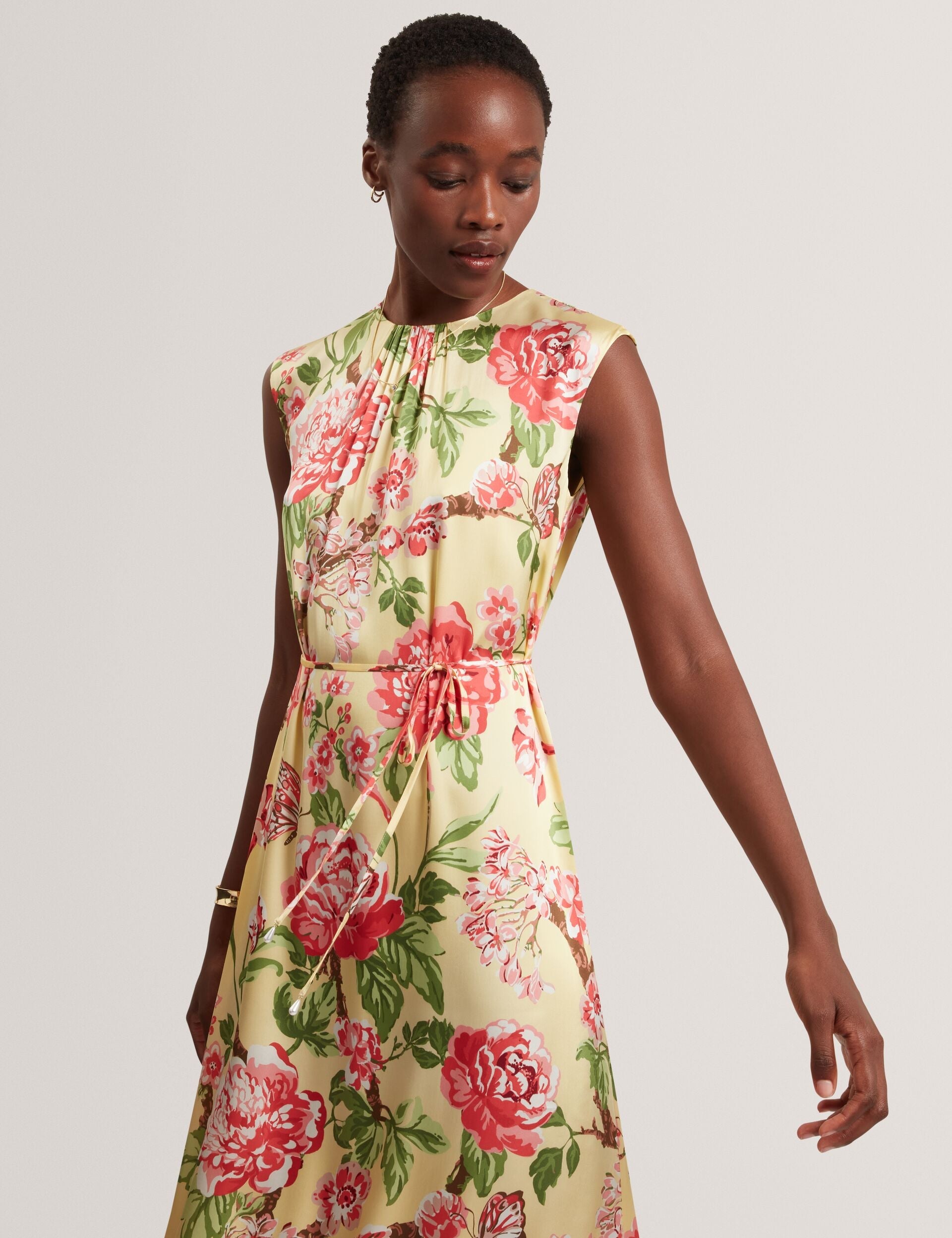Ted Baker PARKER Satin Floral Sleeveless Maxi Dress LIGHT YELLOW