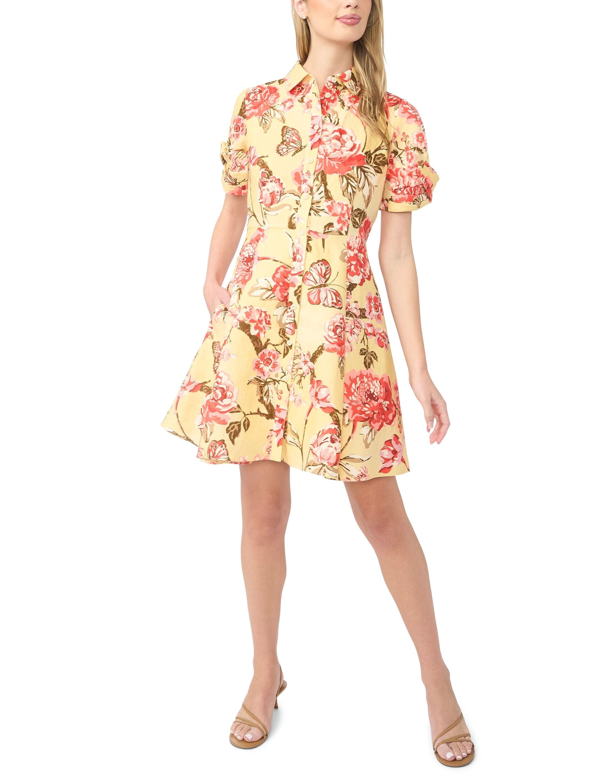 Ted Baker STINA Floral Twist Sleeve Mini Shirt Dress LIGHT YELLOW