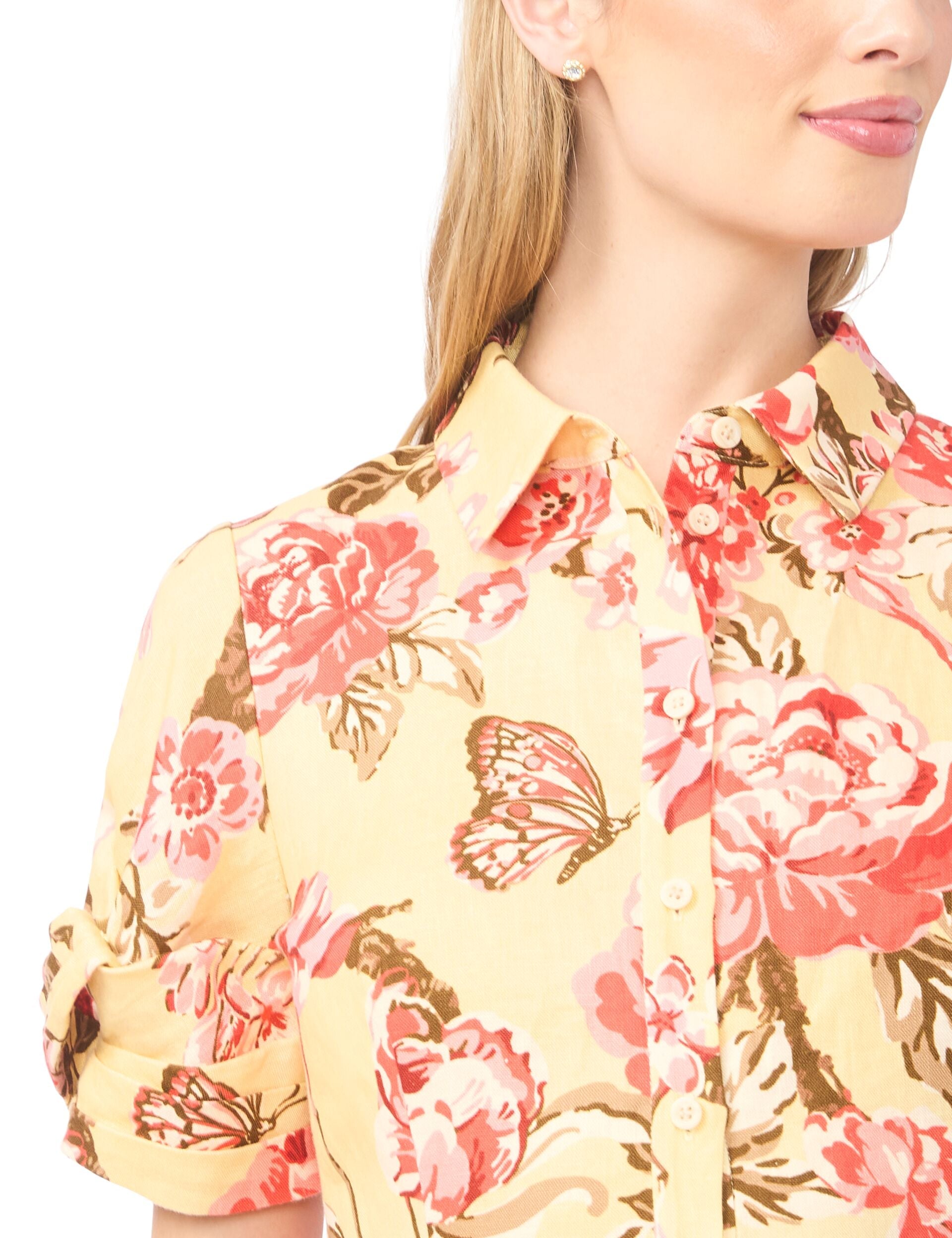 Ted Baker STINA Floral Twist Sleeve Mini Shirt Dress LIGHT YELLOW