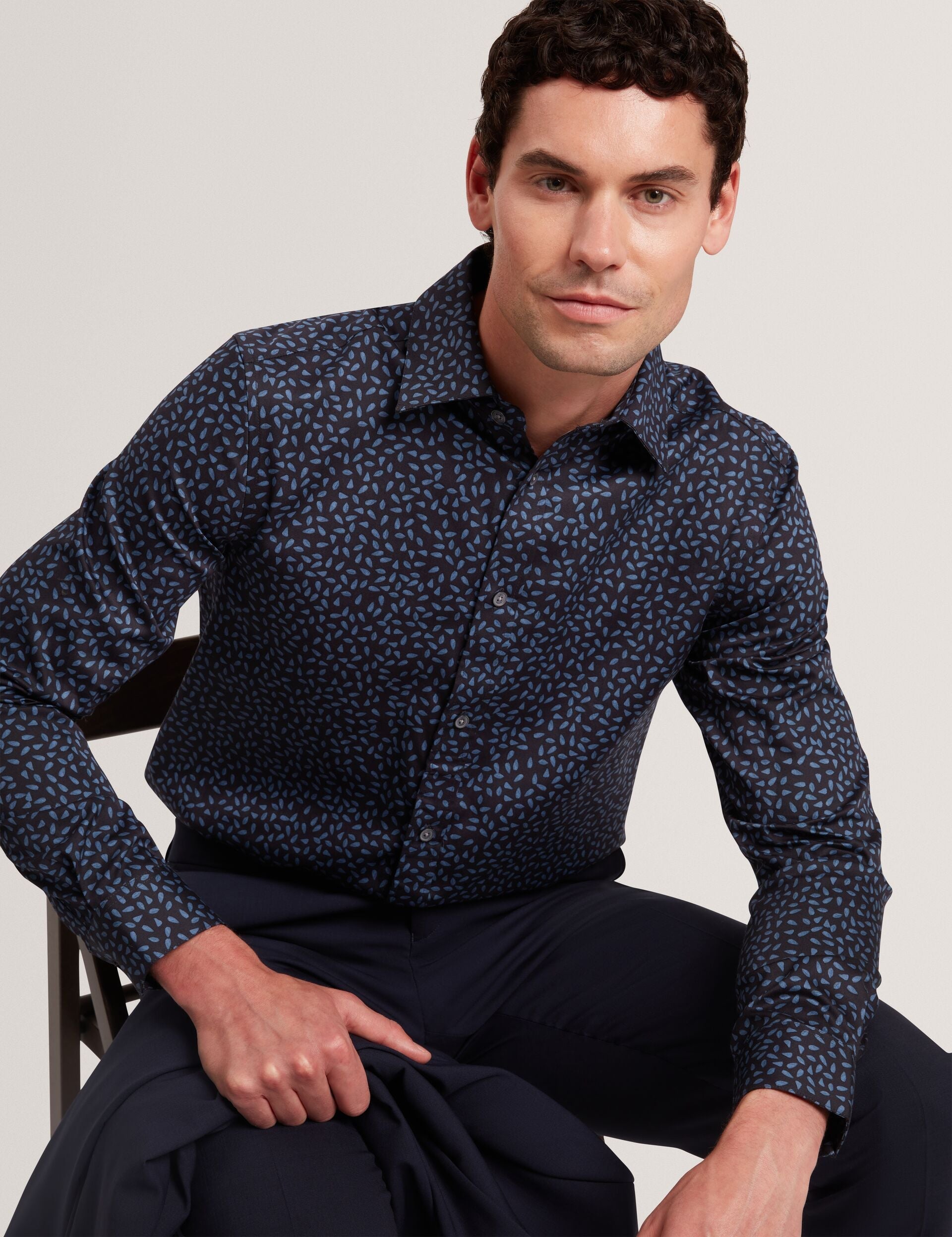 Ted Baker BLOCKLY - Mini Leaf Print Long Sleeve Cotton Shirt NAVY