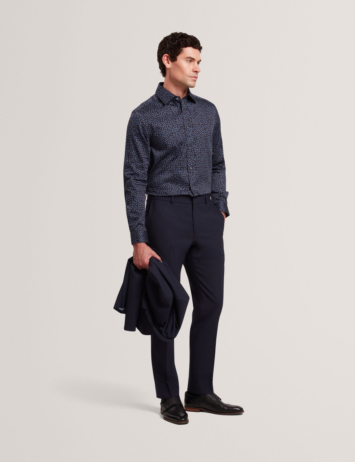 Ted Baker BLOCKLY - Mini Leaf Print Long Sleeve Cotton Shirt NAVY