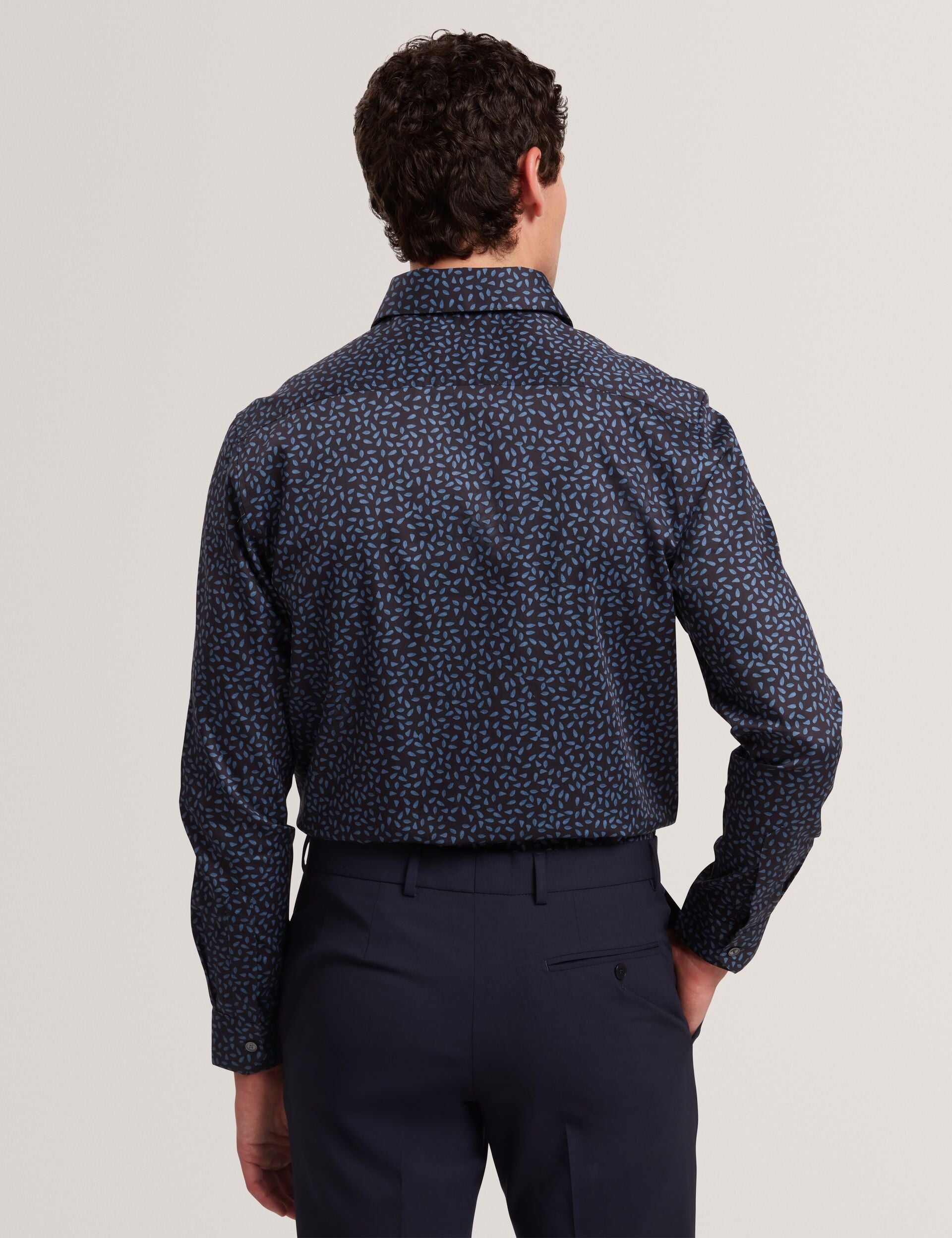 Ted Baker BLOCKLY - Mini Leaf Print Long Sleeve Cotton Shirt NAVY