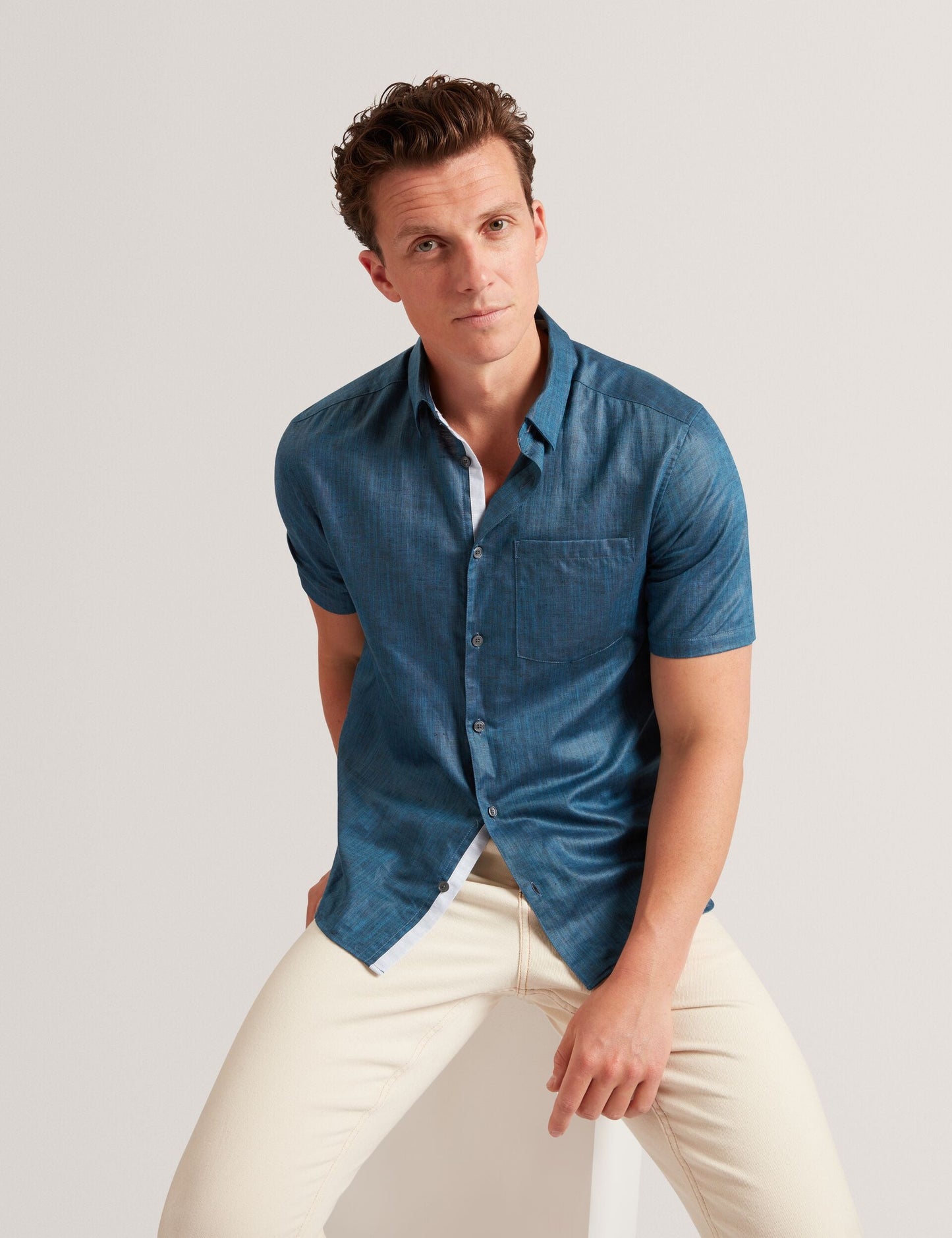 Ted Baker Navy Short Sleeve Textured Linen Cotton Shirt | PALOMAS | Ted Baker NAVY