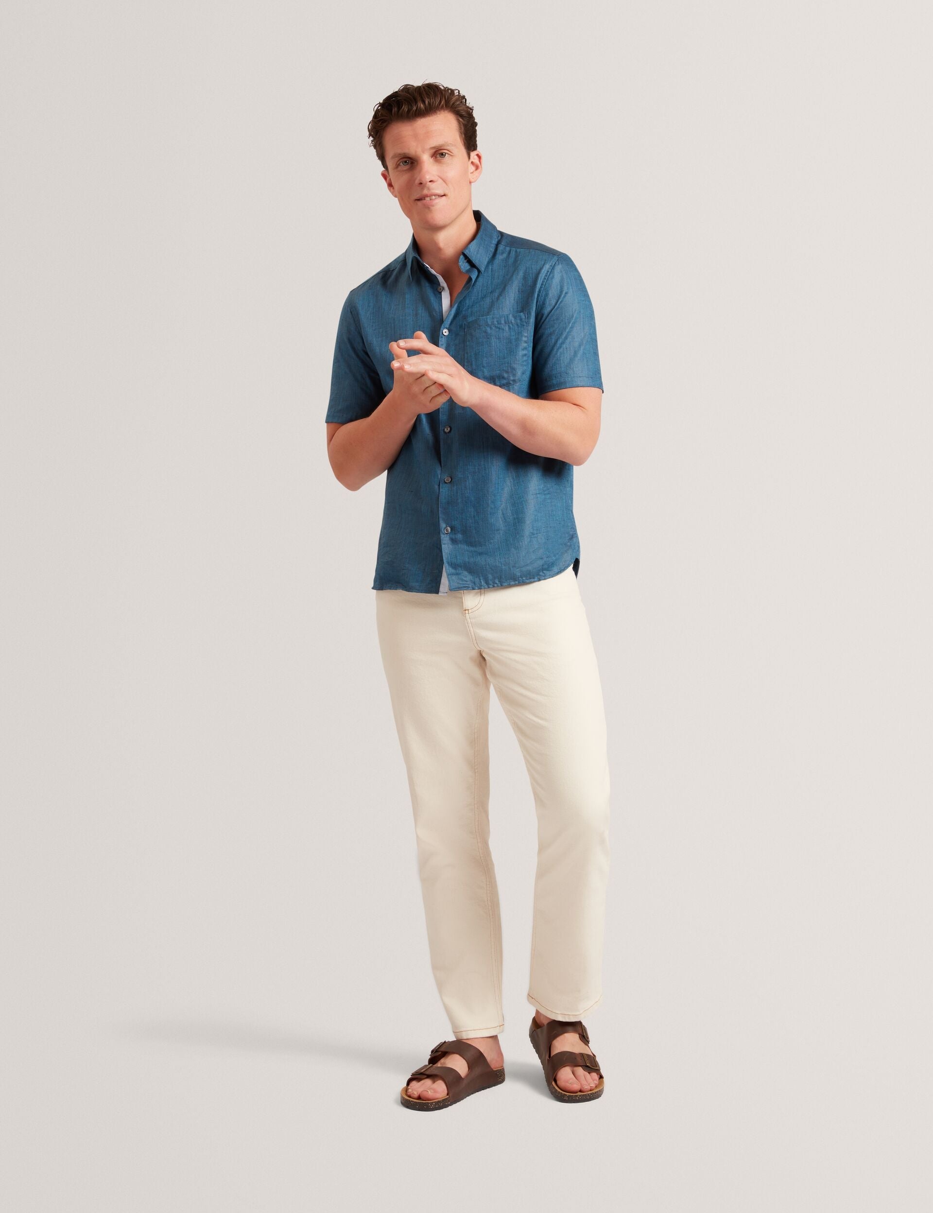 Ted Baker Navy Short Sleeve Textured Linen Cotton Shirt | PALOMAS | Ted Baker NAVY