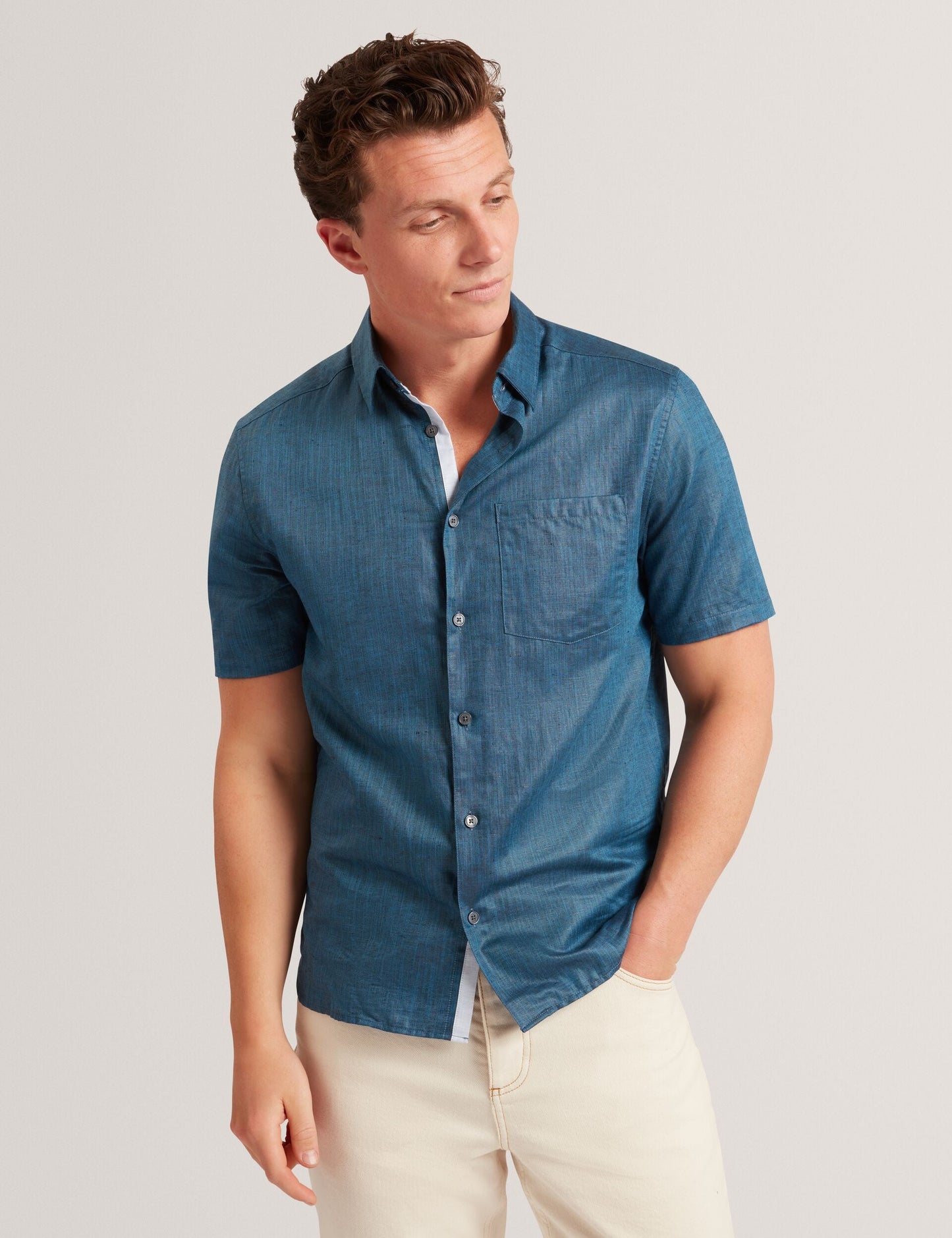 Ted Baker Navy Short Sleeve Textured Linen Cotton Shirt | PALOMAS | Ted Baker NAVY