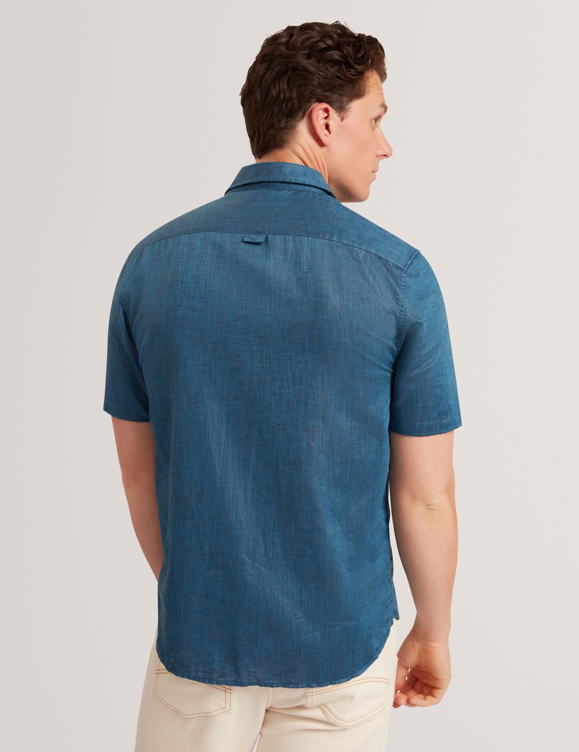 Ted Baker Navy Short Sleeve Textured Linen Cotton Shirt | PALOMAS | Ted Baker NAVY