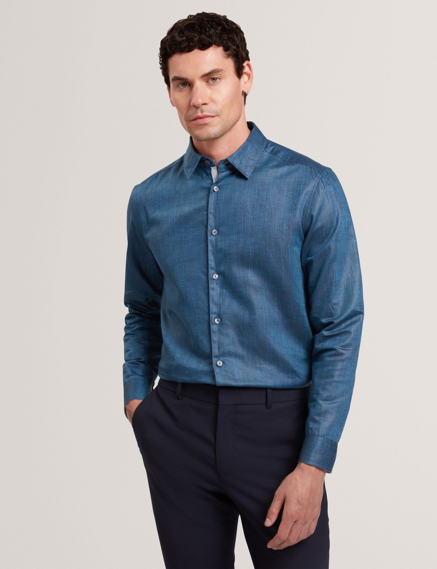 Ted Baker ROMEOS - Blue Regular Fit Cotton Linen Long Sleeve Shirt NAVY
