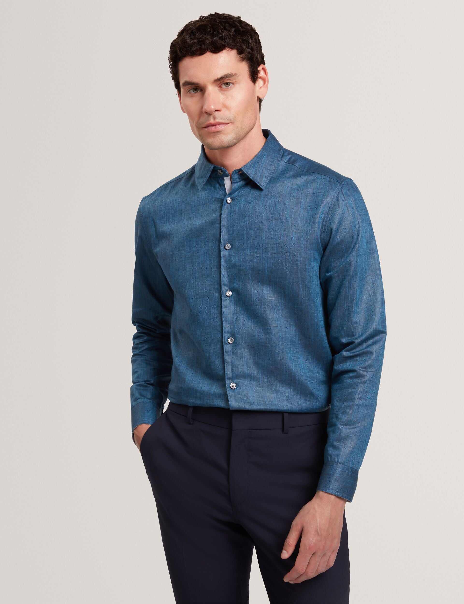Ted Baker ROMEOS - Blue Regular Fit Cotton Linen Long Sleeve Shirt NAVY