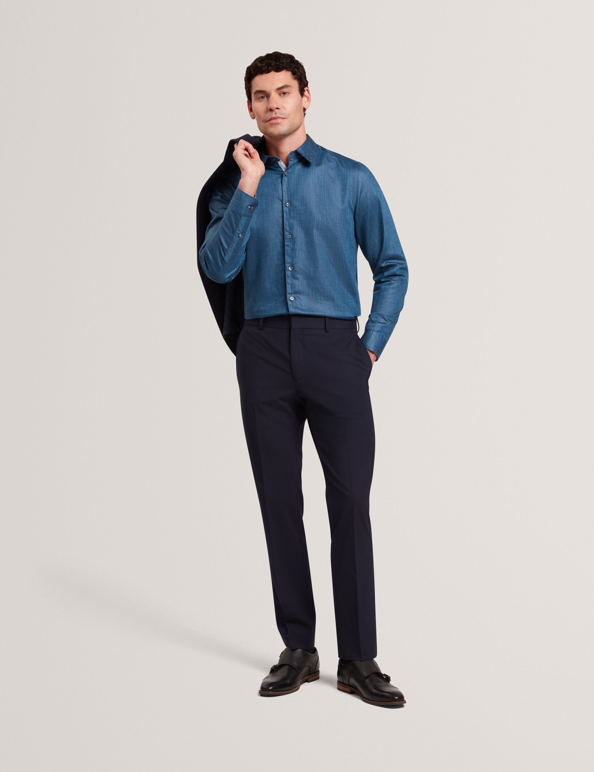 Ted Baker ROMEOS - Blue Regular Fit Cotton Linen Long Sleeve Shirt NAVY