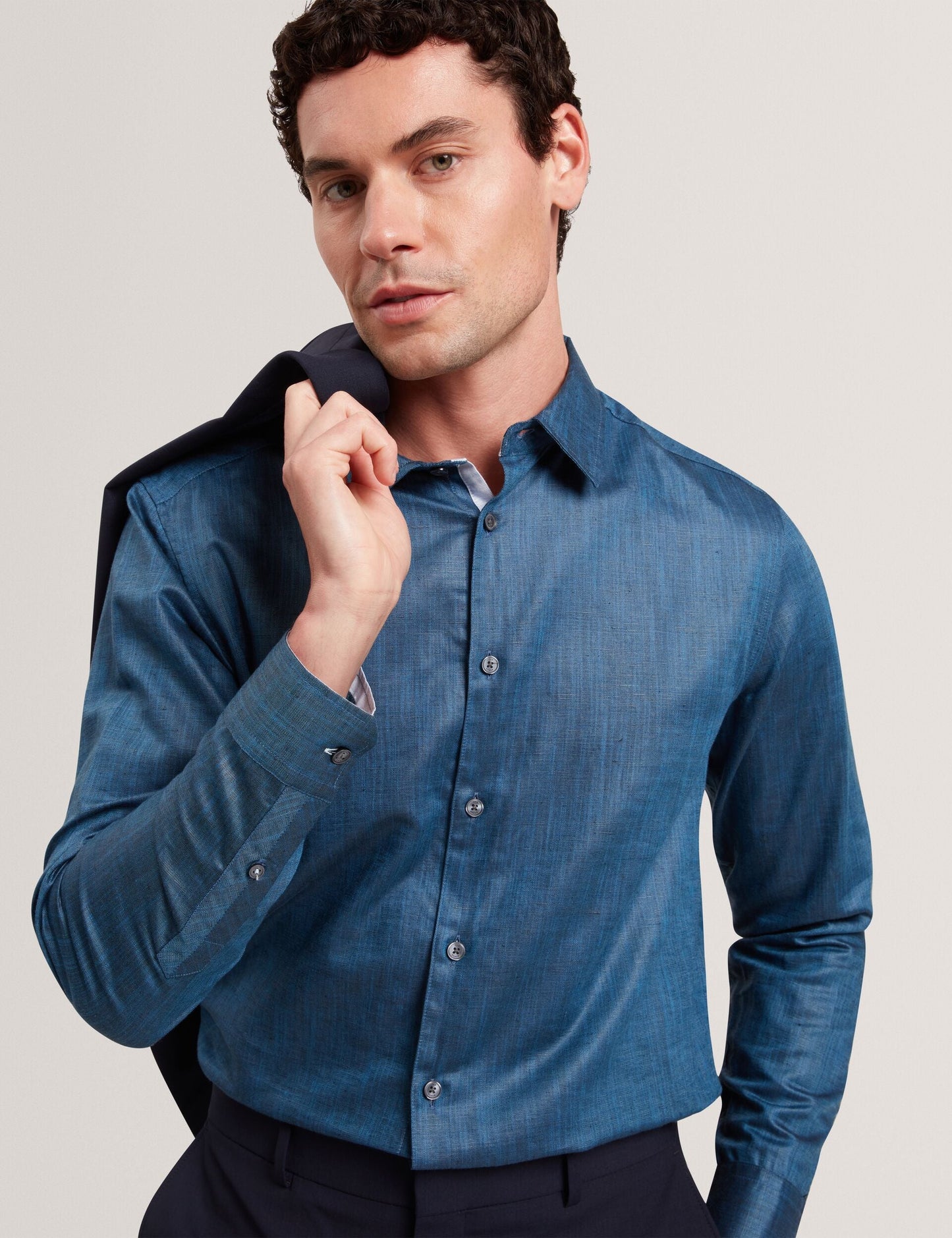 Ted Baker ROMEOS - Blue Regular Fit Cotton Linen Long Sleeve Shirt NAVY
