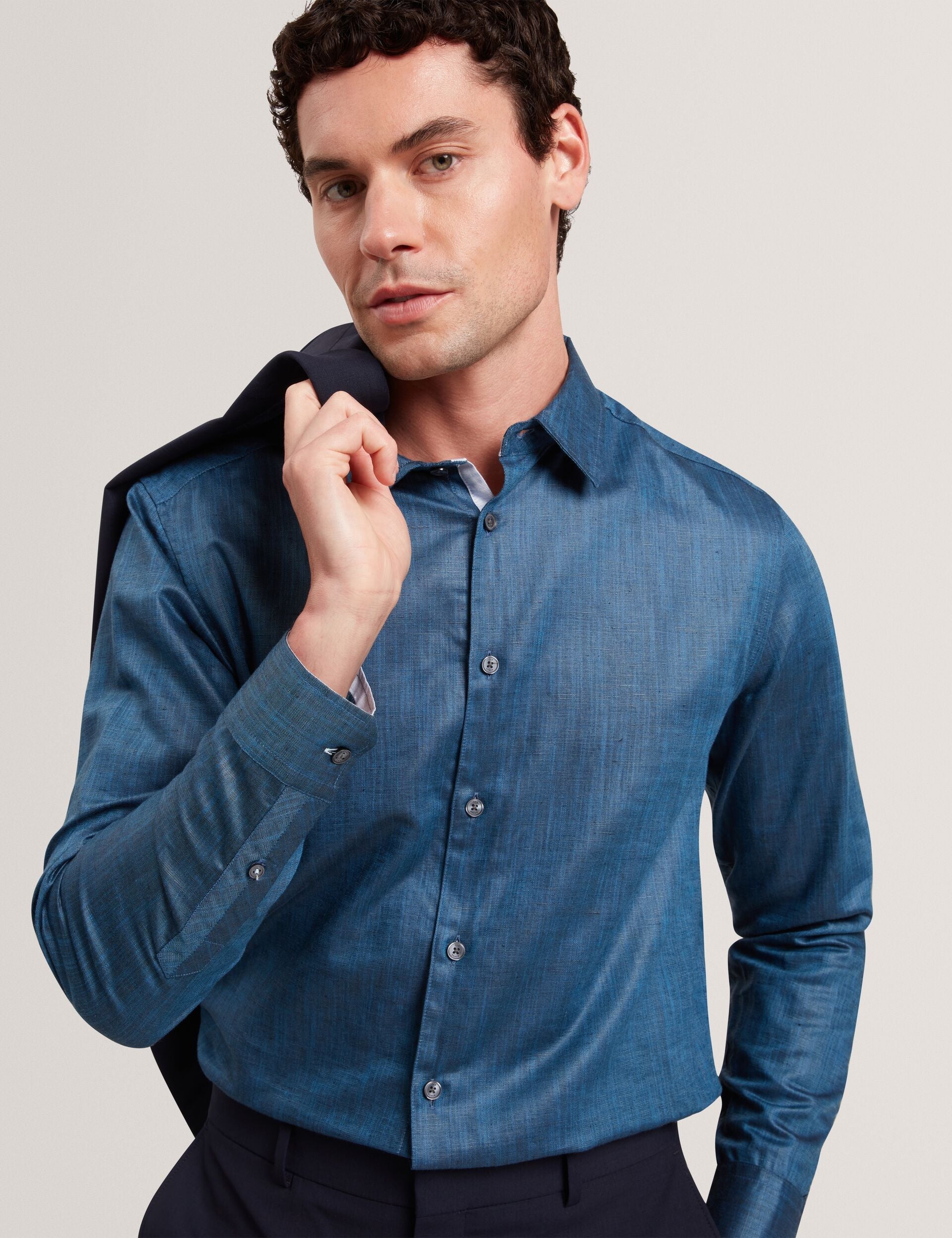 Ted Baker ROMEOS - Blue Regular Fit Cotton Linen Long Sleeve Shirt NAVY