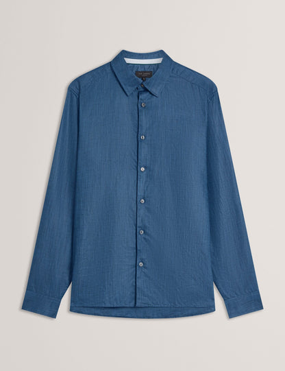 Ted Baker ROMEOS - Blue Regular Fit Cotton Linen Long Sleeve Shirt NAVY
