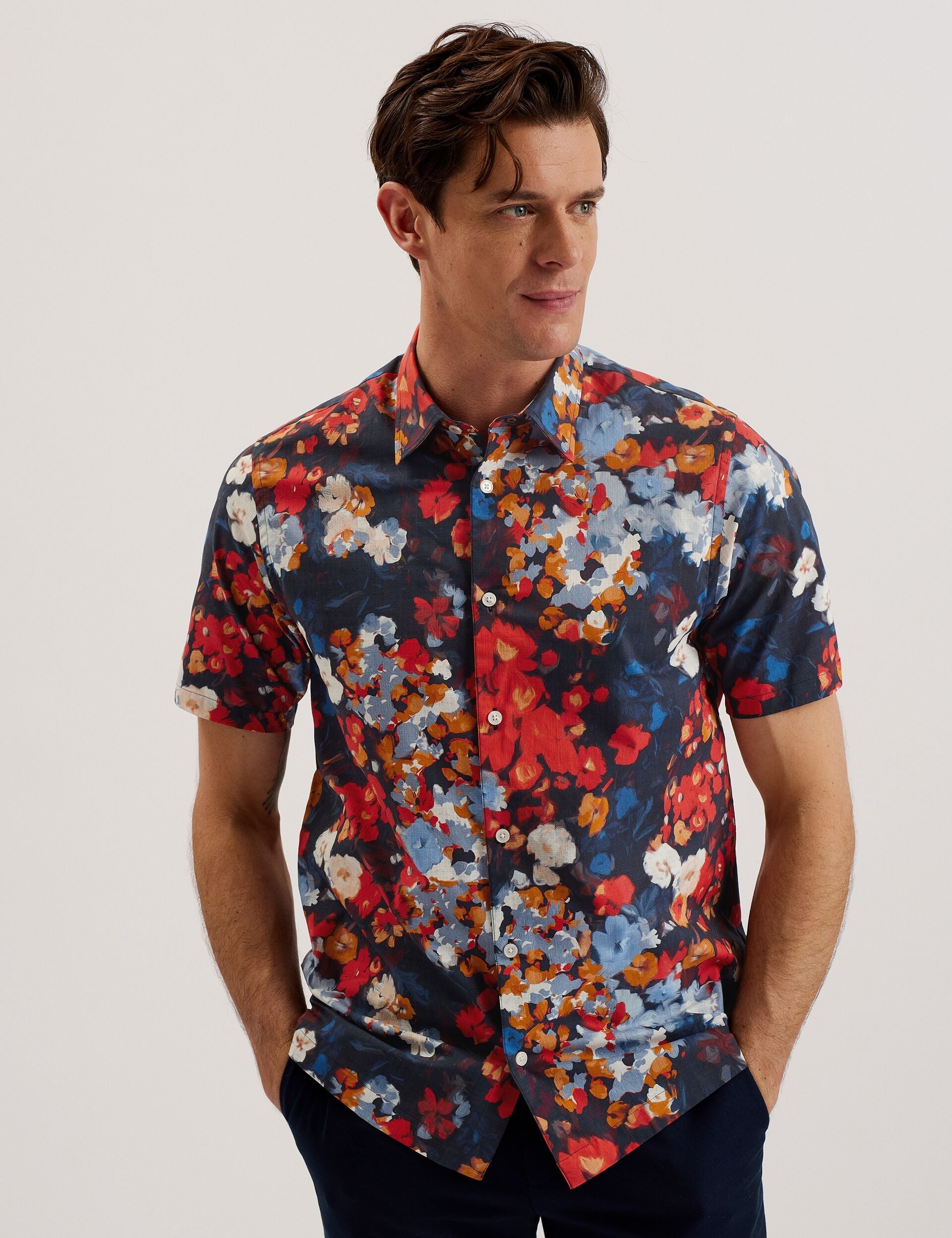 Ted Baker PIERRES - Short Sleeve Camo Floral Shirt DARK BLUE