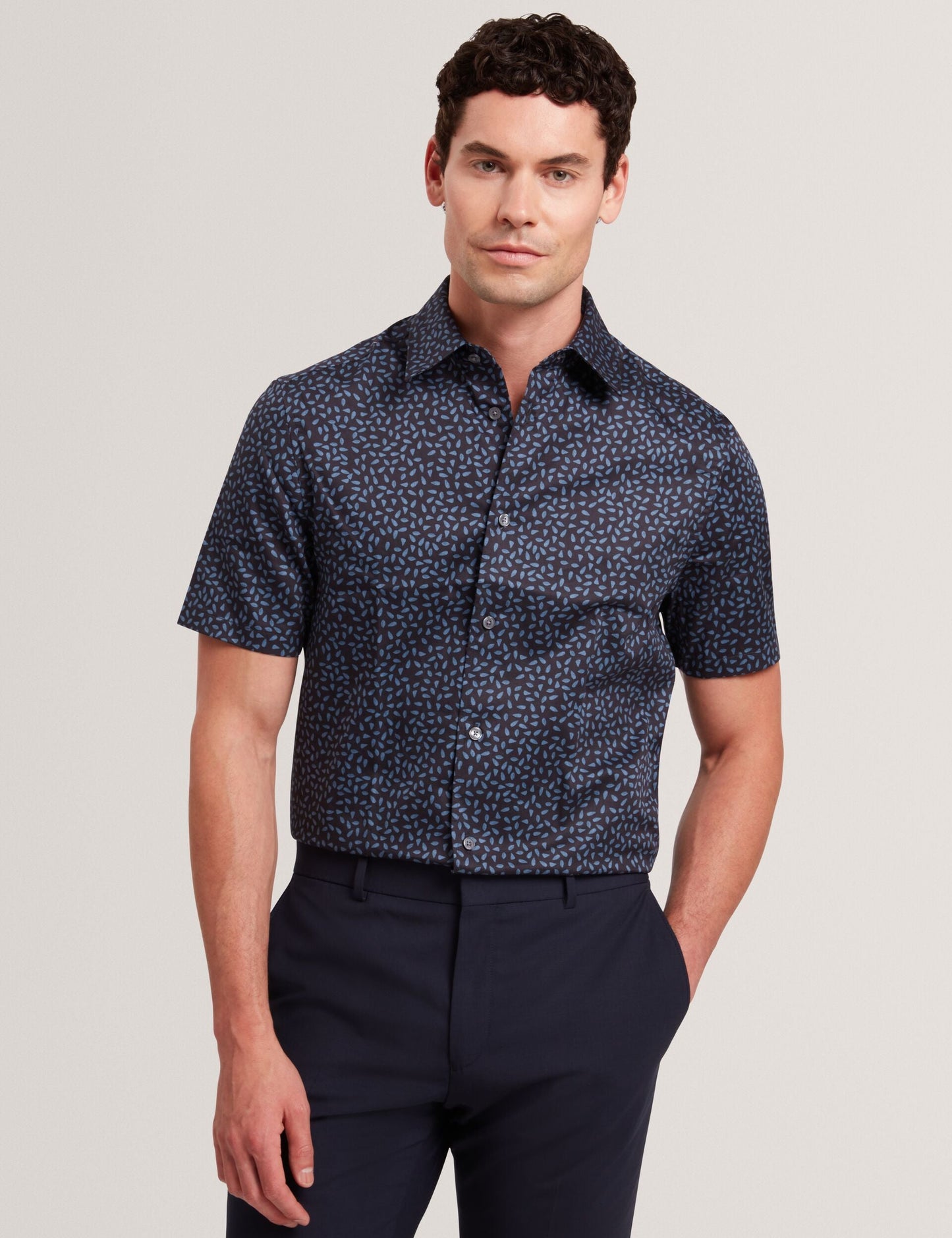 Ted Baker CAMPDEN - Mini Leaf Print Short Sleeve Cotton Shirt NAVY