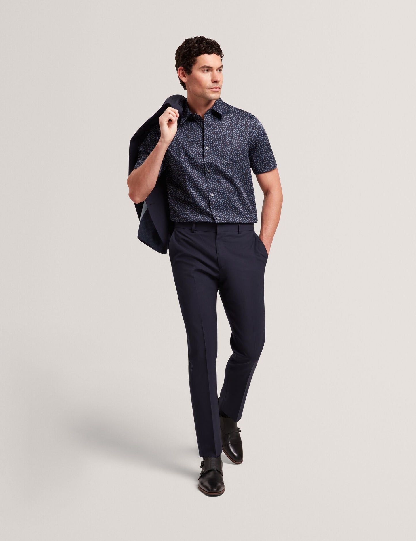 Ted Baker CAMPDEN - Mini Leaf Print Short Sleeve Cotton Shirt NAVY