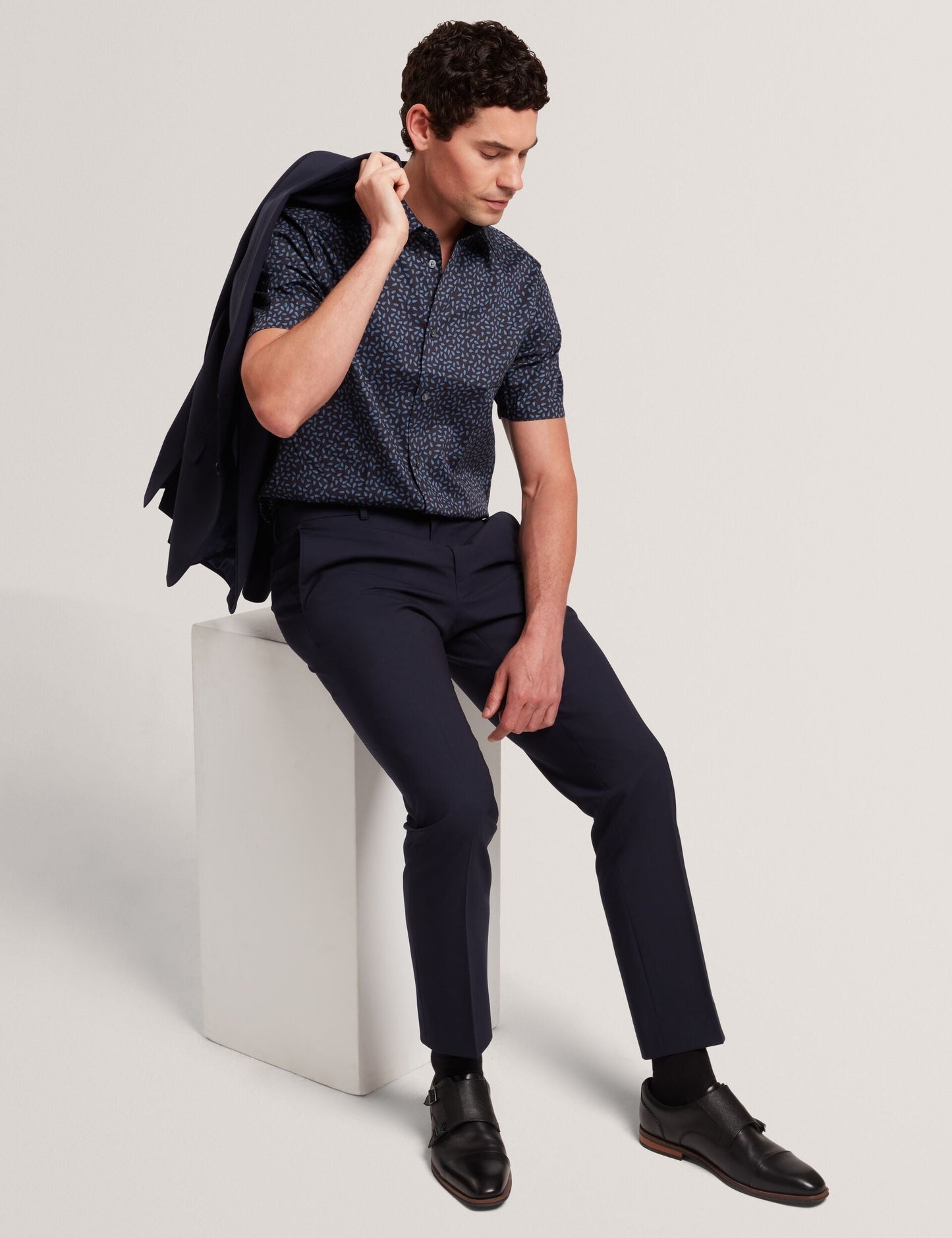 Ted Baker CAMPDEN - Mini Leaf Print Short Sleeve Cotton Shirt NAVY