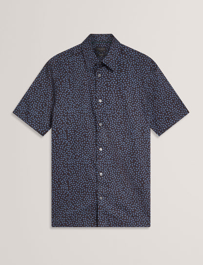 Ted Baker CAMPDEN - Mini Leaf Print Short Sleeve Cotton Shirt NAVY