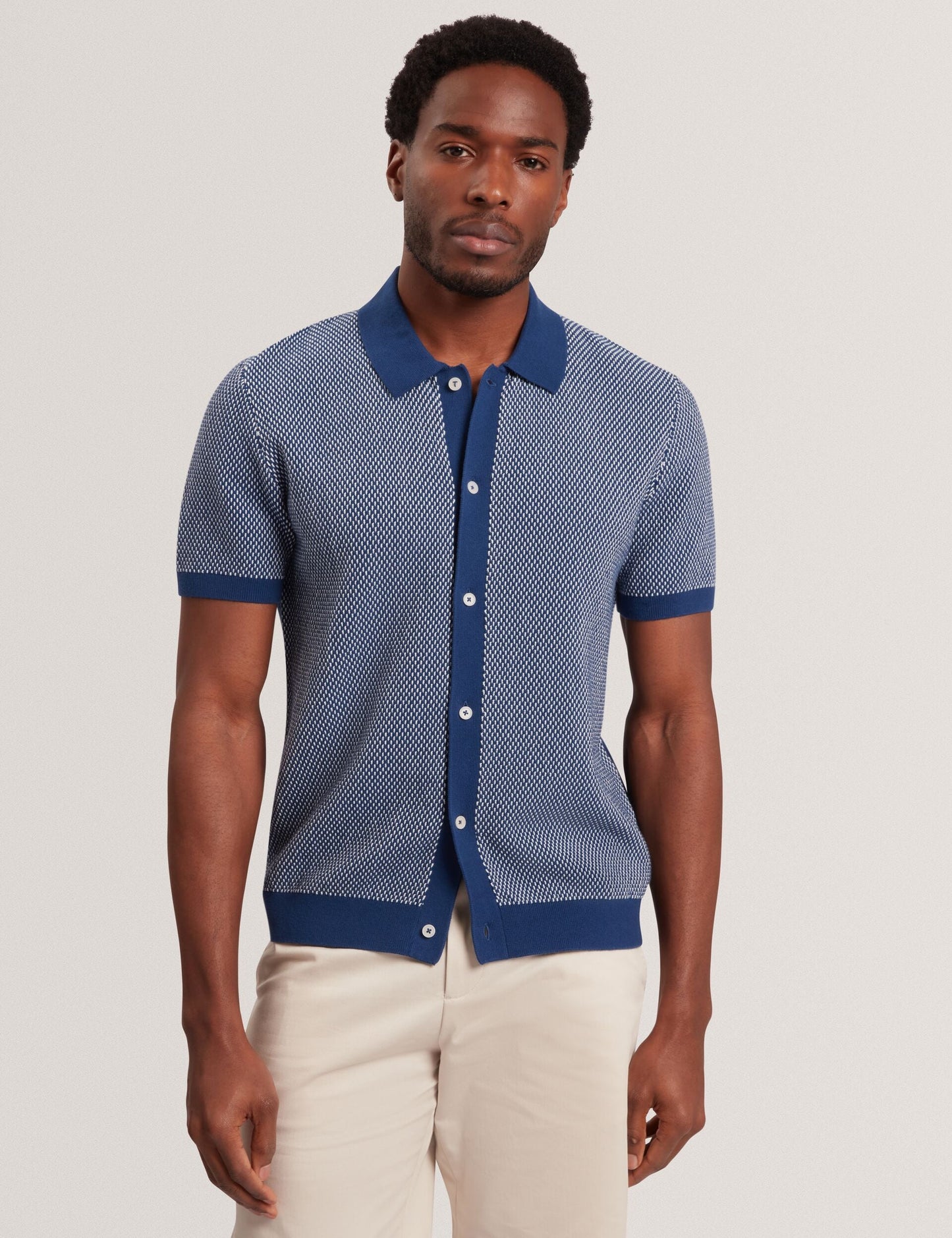 Ted Baker NOLIVA Textured Stitch Knitted Button-Through Shirt MID NAVY