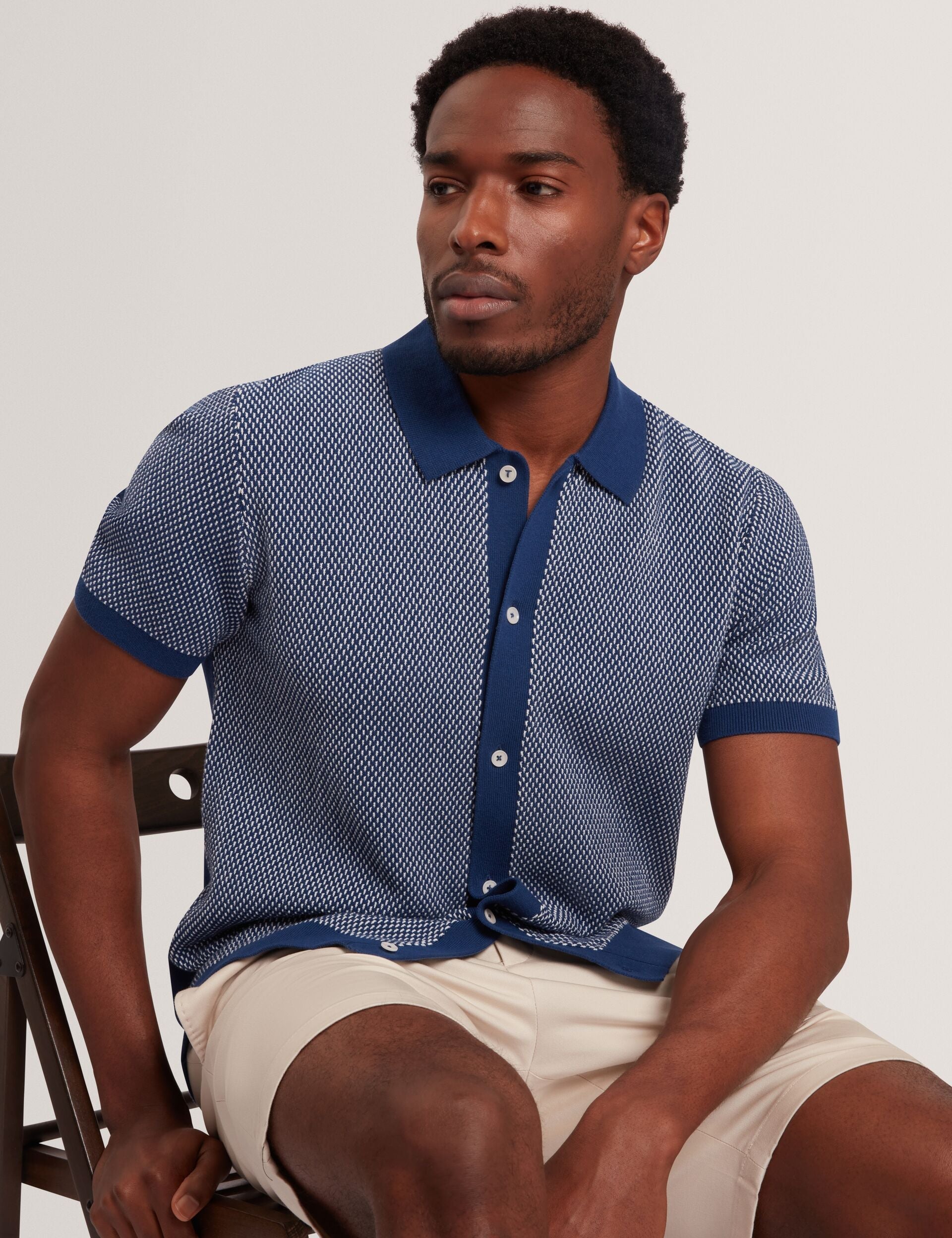 Ted Baker NOLIVA Textured Stitch Knitted Button-Through Shirt MID NAVY