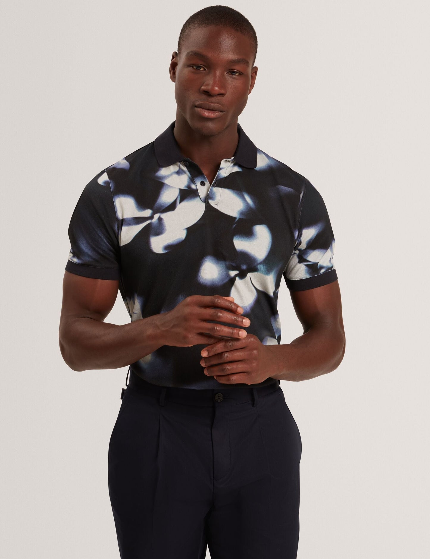 Ted Baker LONGBRI Photographic Floral Print Cotton Polo Shirt NAVY