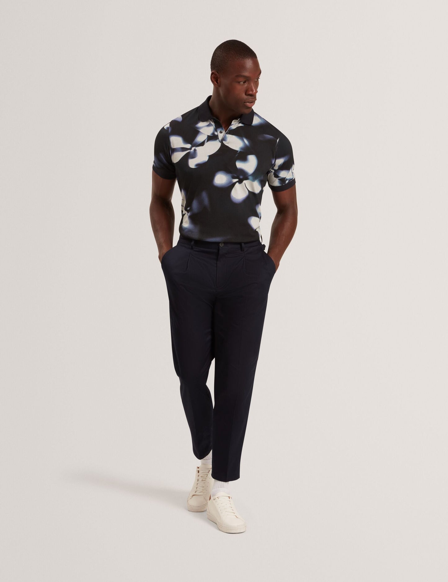 Ted Baker LONGBRI Photographic Floral Print Cotton Polo Shirt NAVY