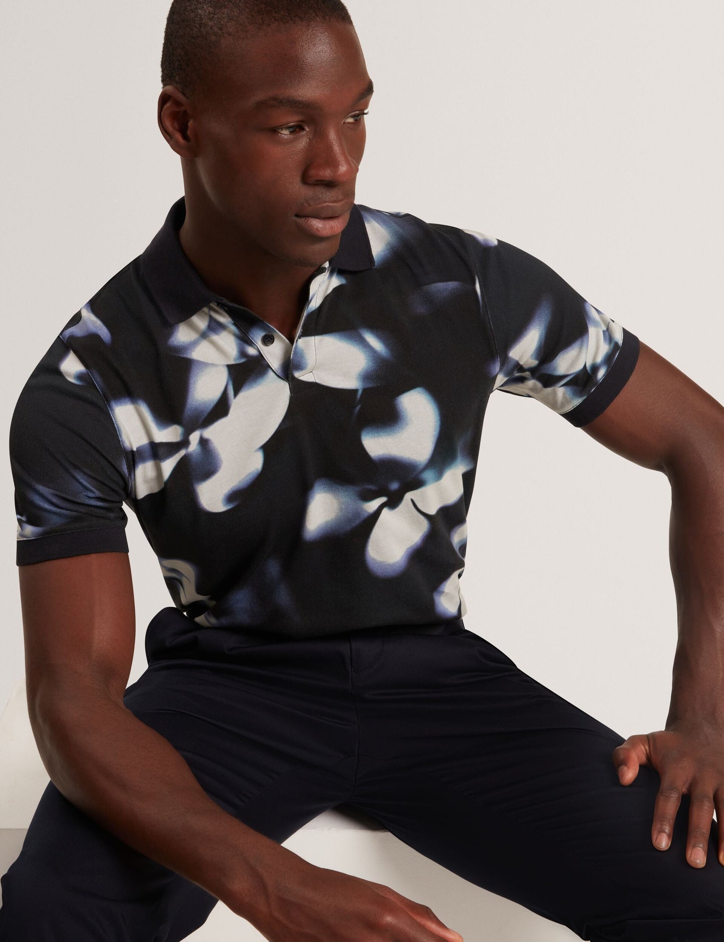 Ted Baker LONGBRI Photographic Floral Print Cotton Polo Shirt NAVY