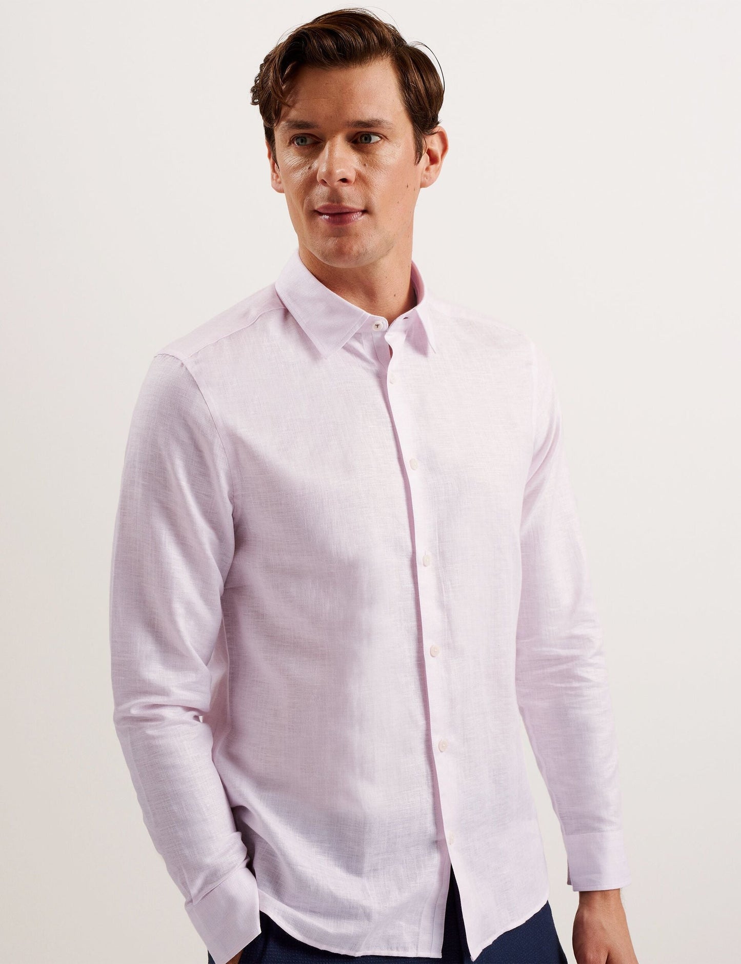 Ted Baker ROMEOS - Pink Regular Fit Cotton Linen Long Sleeve Shirt PINK
