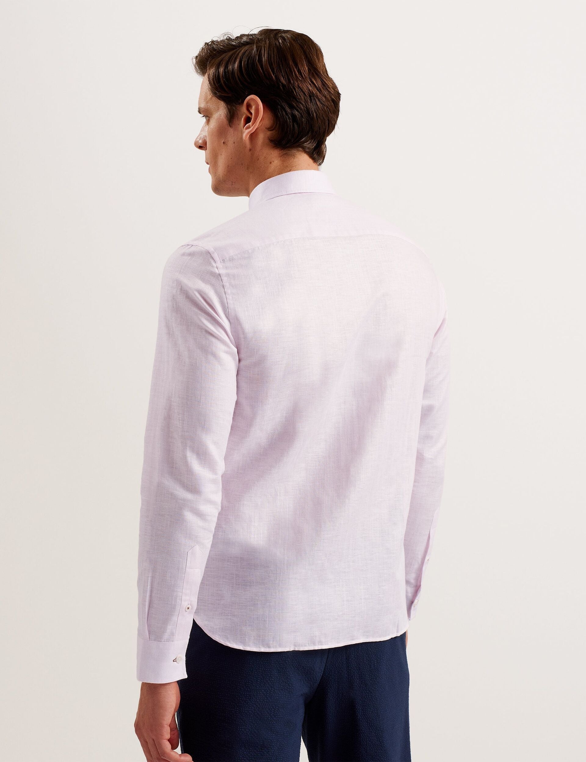 Ted Baker ROMEOS - Pink Regular Fit Cotton Linen Long Sleeve Shirt PINK
