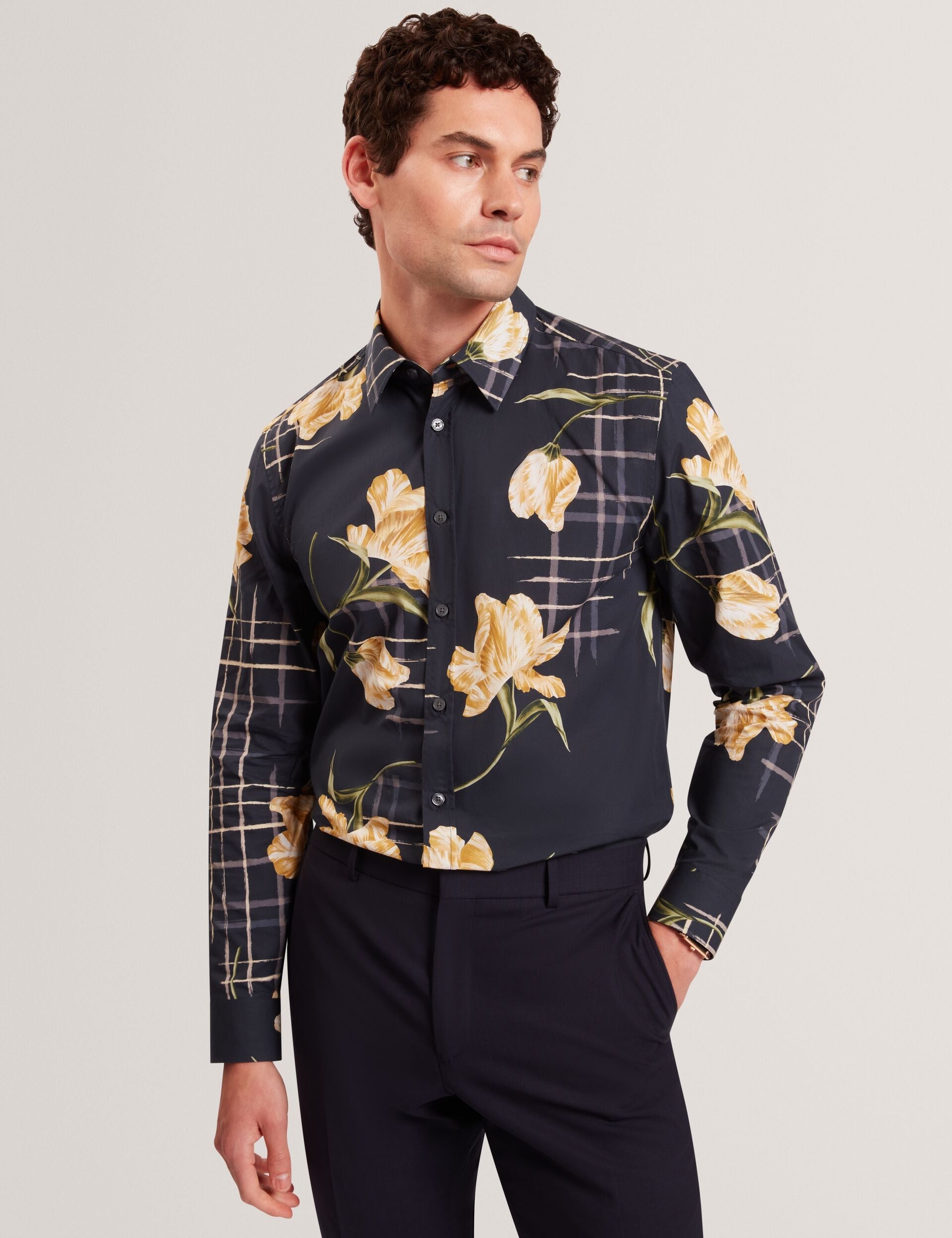 Ted Baker QUORIK Mixed Floral Print Long Sleeve Shirt NAVY
