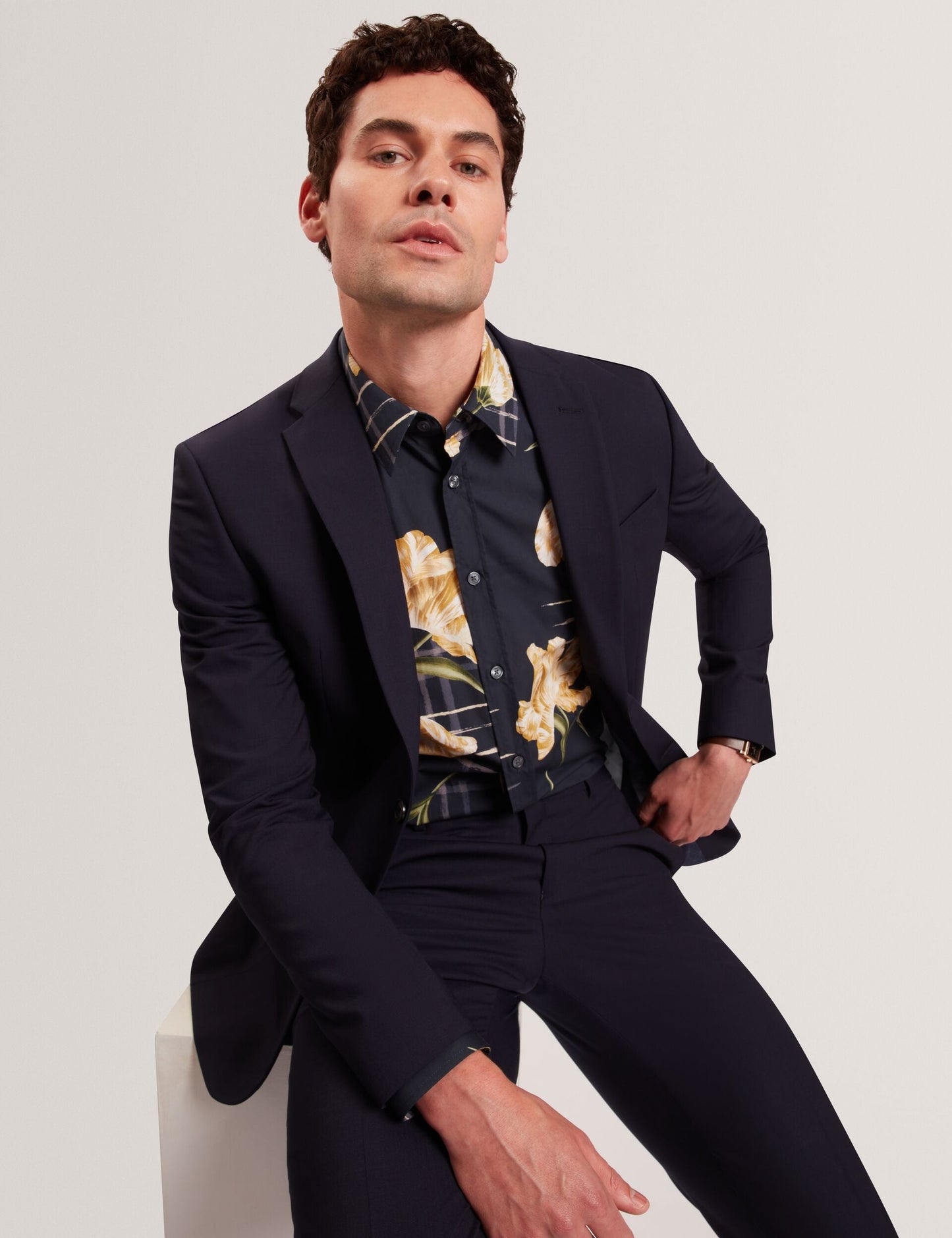 Ted Baker QUORIK Mixed Floral Print Long Sleeve Shirt NAVY
