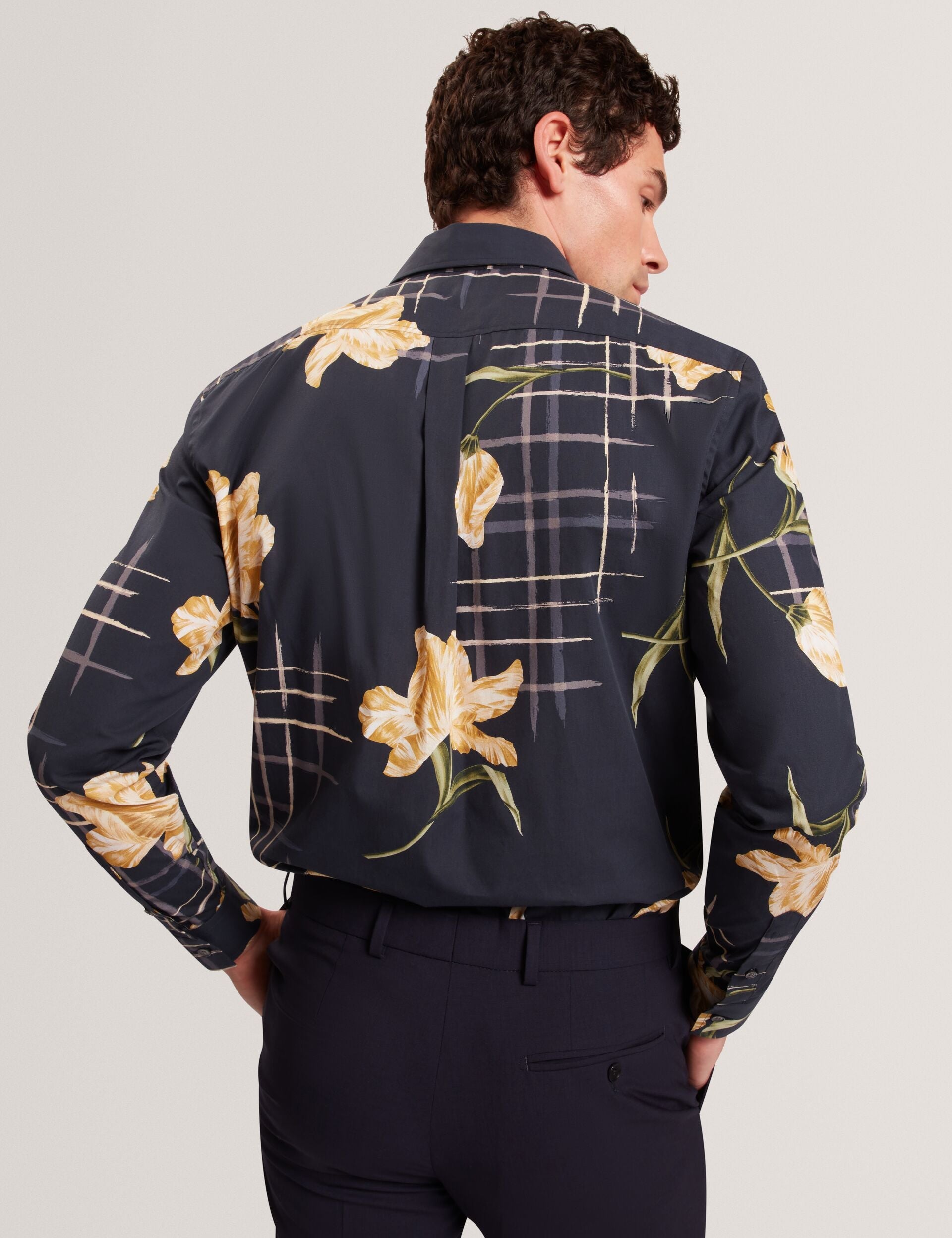 Ted Baker QUORIK Mixed Floral Print Long Sleeve Shirt NAVY