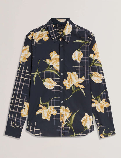 Ted Baker QUORIK Mixed Floral Print Long Sleeve Shirt NAVY