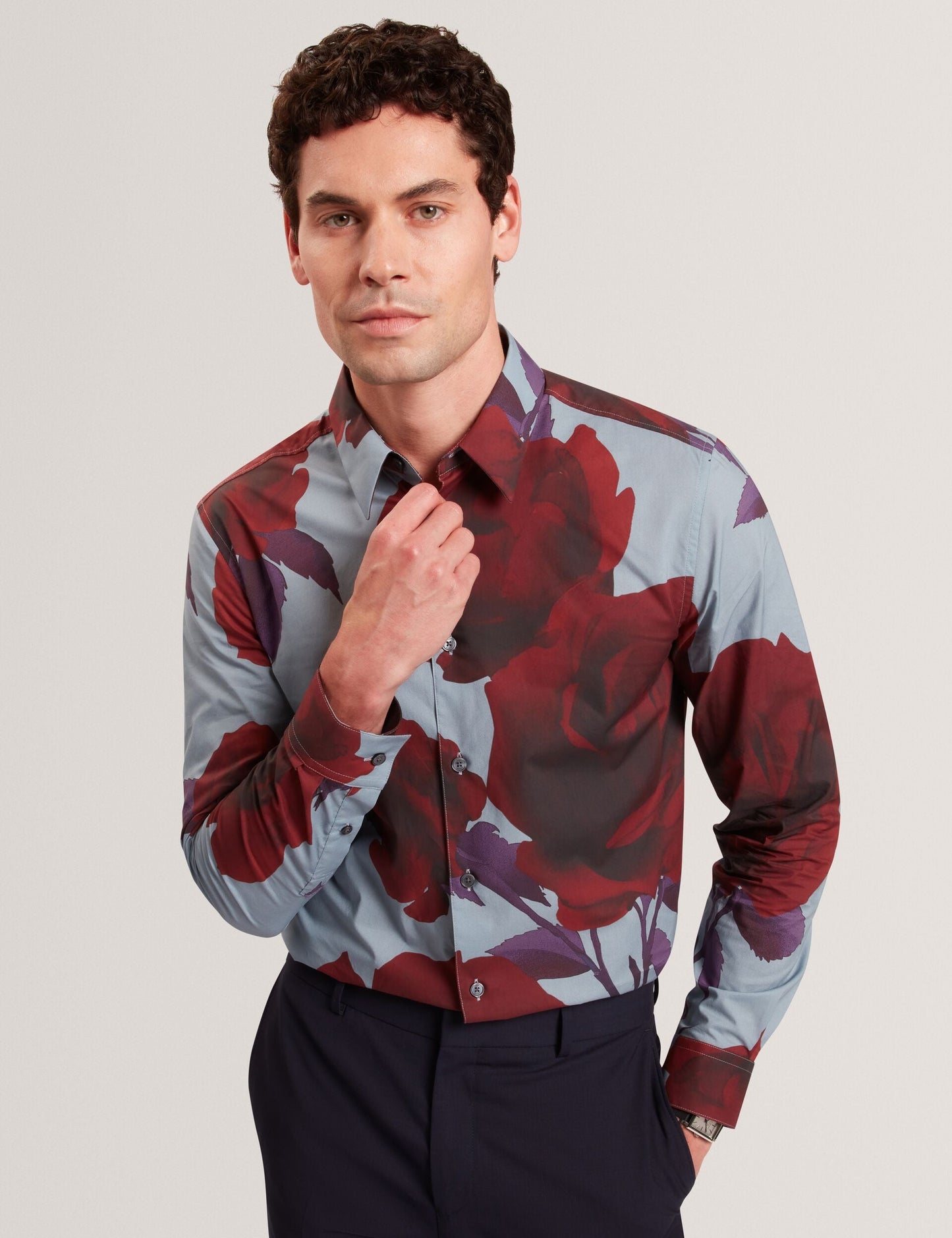 Ted Baker GIVIRA Rose Graphic Cotton Long Sleeve Shirt TEAL BLUE
