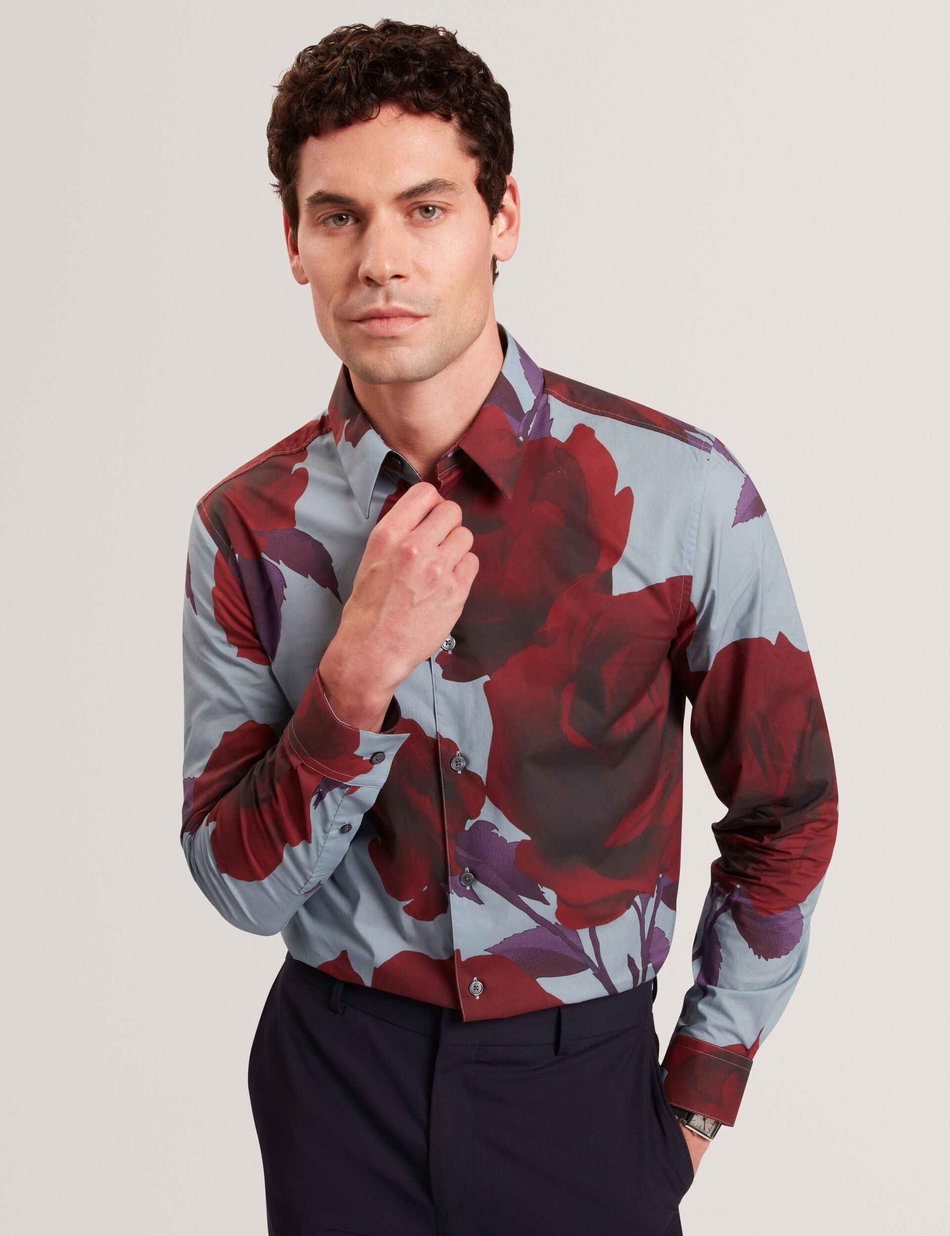 Ted Baker GIVIRA Rose Graphic Cotton Long Sleeve Shirt TEAL BLUE