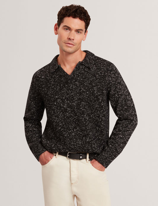 Ted Baker BERRETO Melange Knit Long Sleeve Polo Shirt BLACK