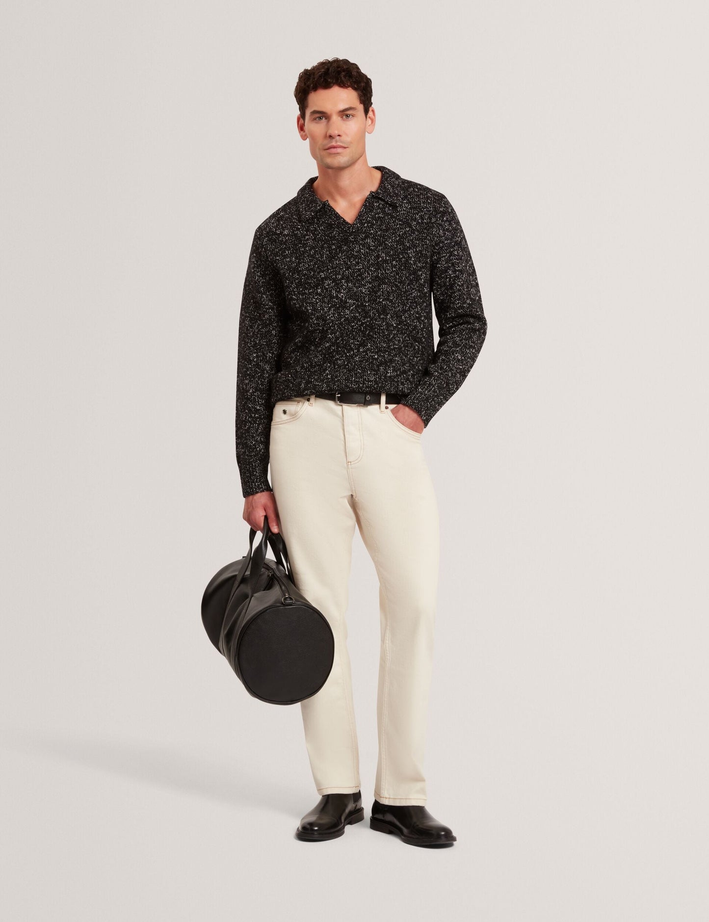 Ted Baker BERRETO Melange Knit Long Sleeve Polo Shirt BLACK