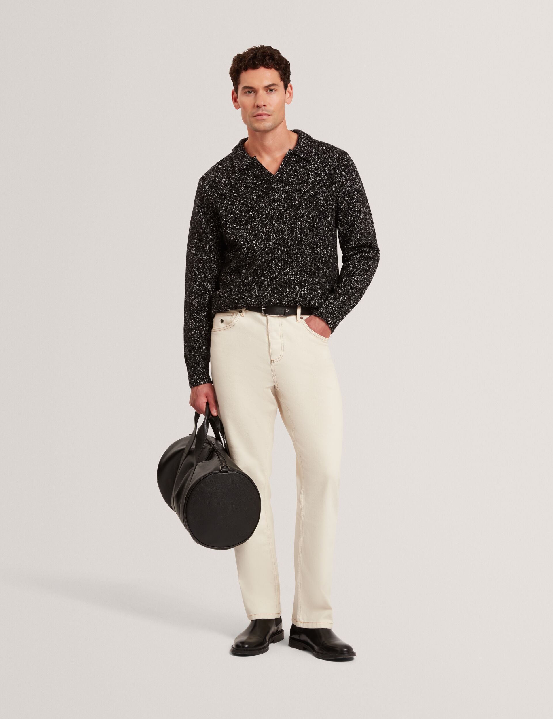 Ted Baker BERRETO Melange Knit Long Sleeve Polo Shirt BLACK